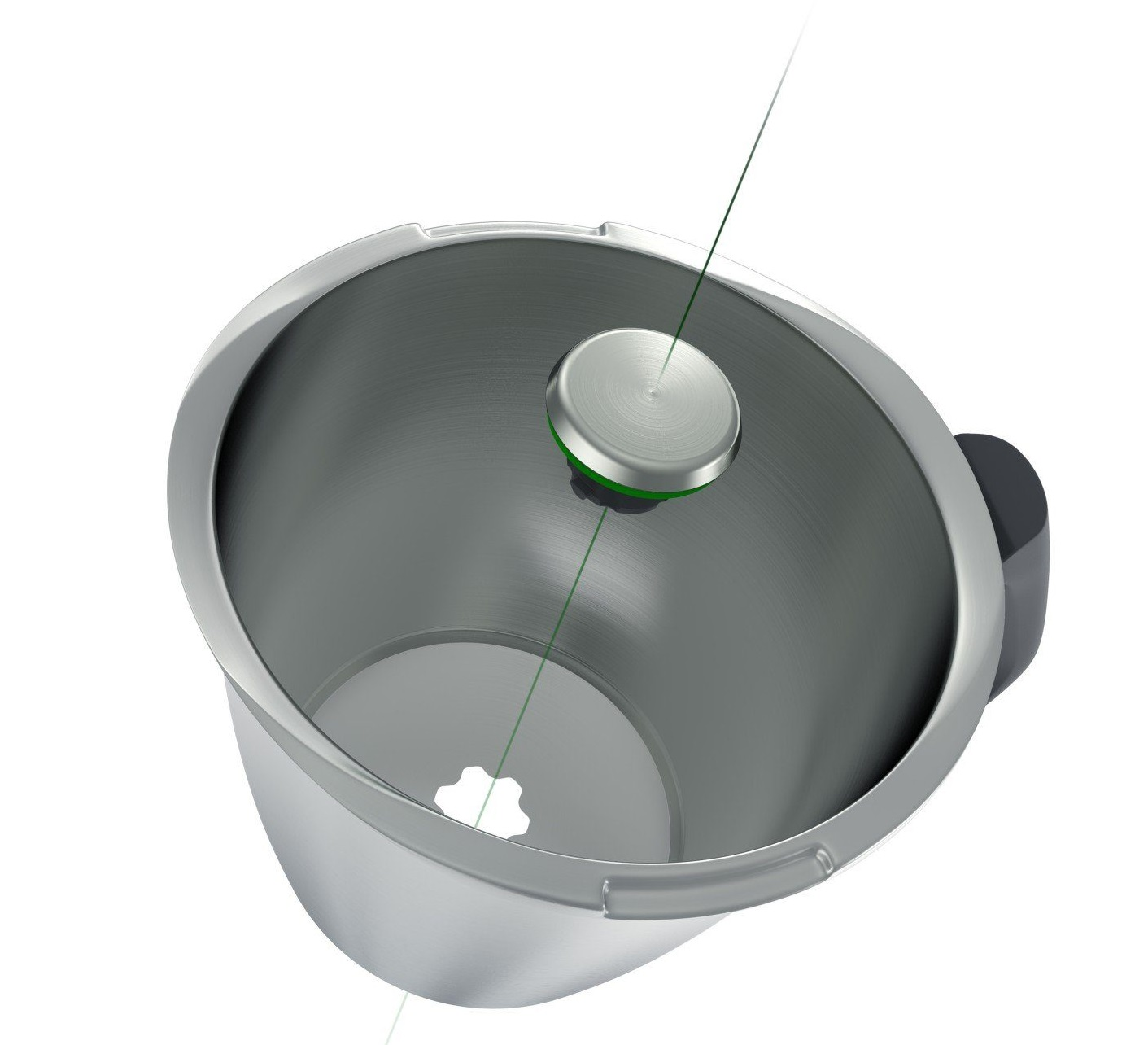 Ciotola in acciaio inox con un dettaglio verde e uno stelo verde, isolata su sfondo bianco.