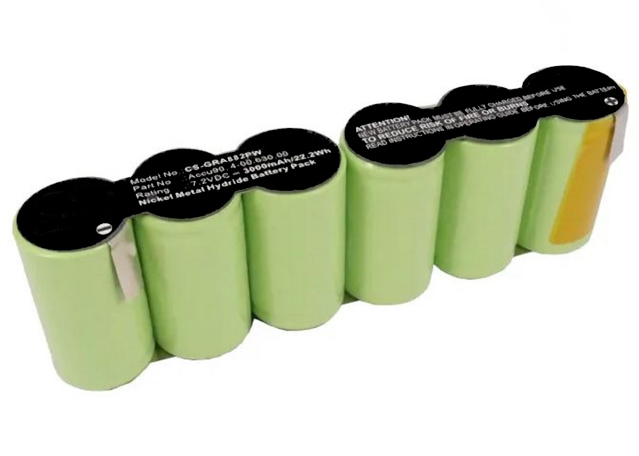 Sechs grüne zylindrische Batterien mit weißen Etiketten bilden eine Reihe, ein gelbes Etikett auf der letzten, weißer Hintergrund.