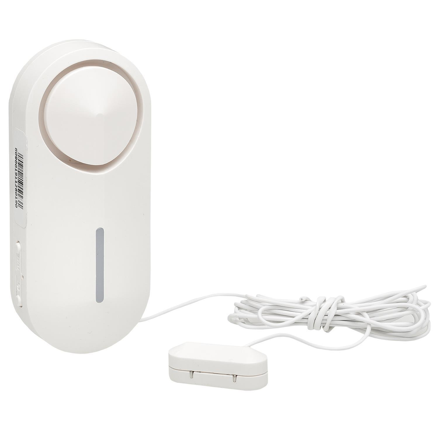 Weißes Alarmsystem mit Kabel und kleinem kastenförmigem Teil. Weißer Hintergrund.