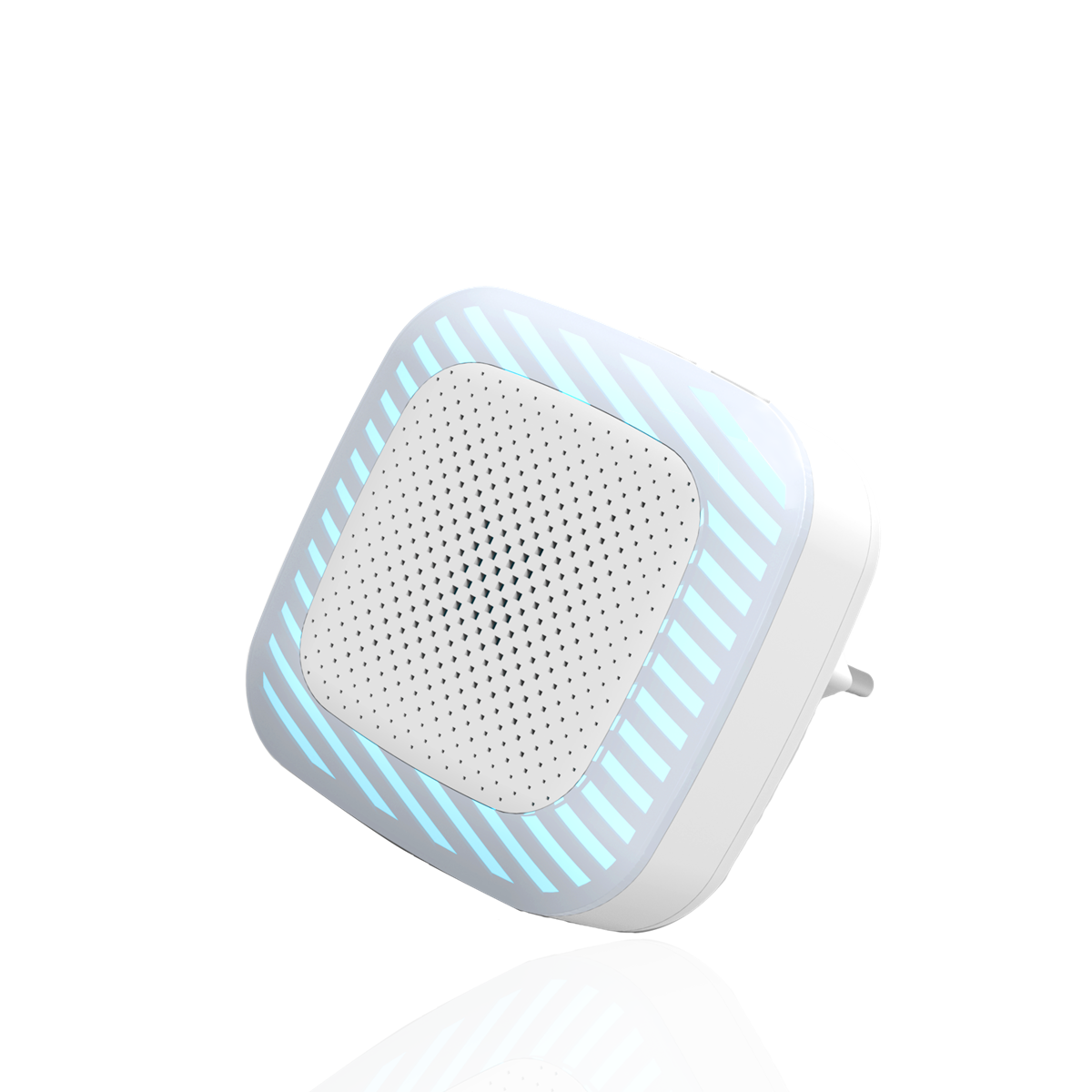 Weißer, quadratischer Smart-Stecker mit blauem Lichtrand, auf weißem Hintergrund.