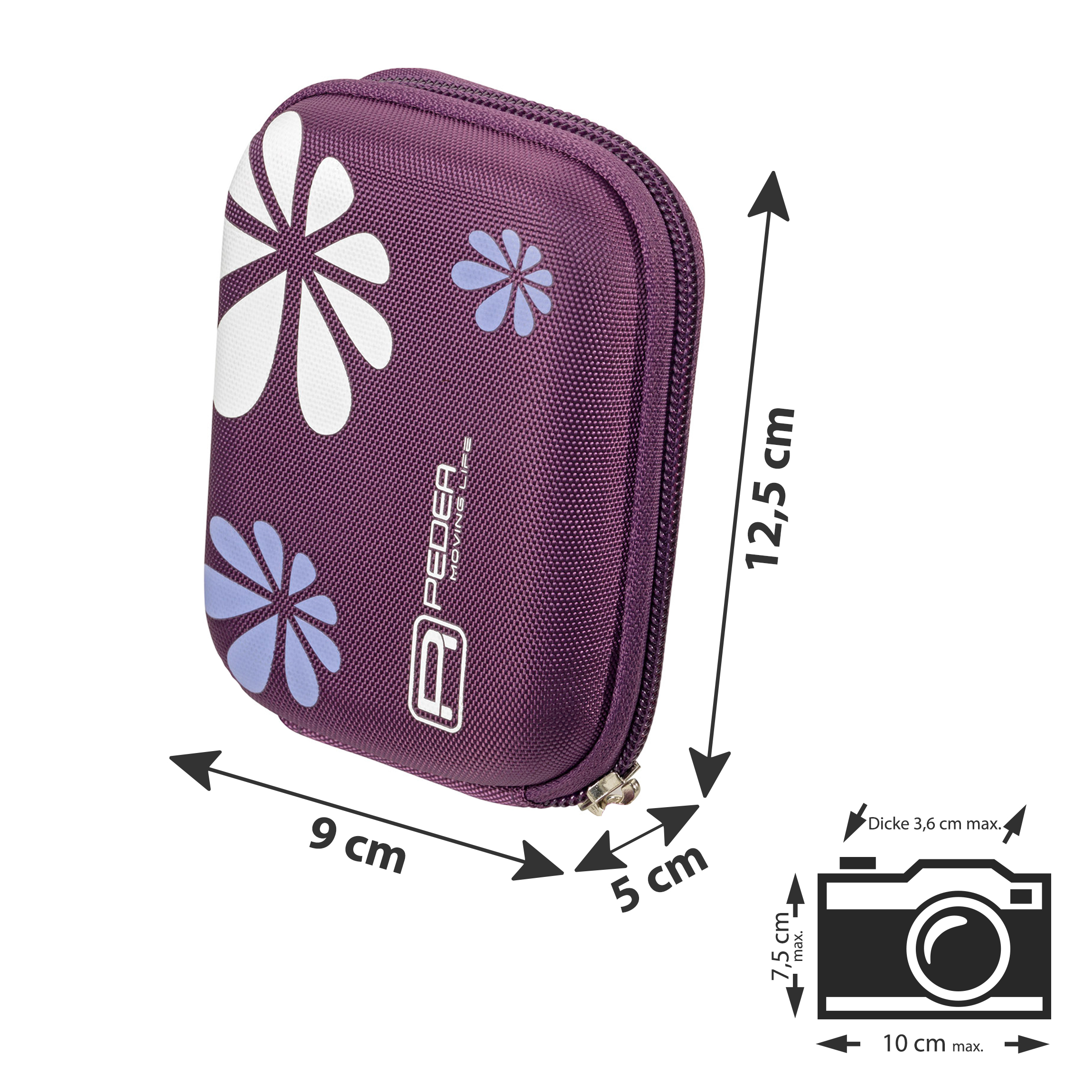 Lila Kameratasche mit weißem und blauem Blumendesign, Maße an der Seite.