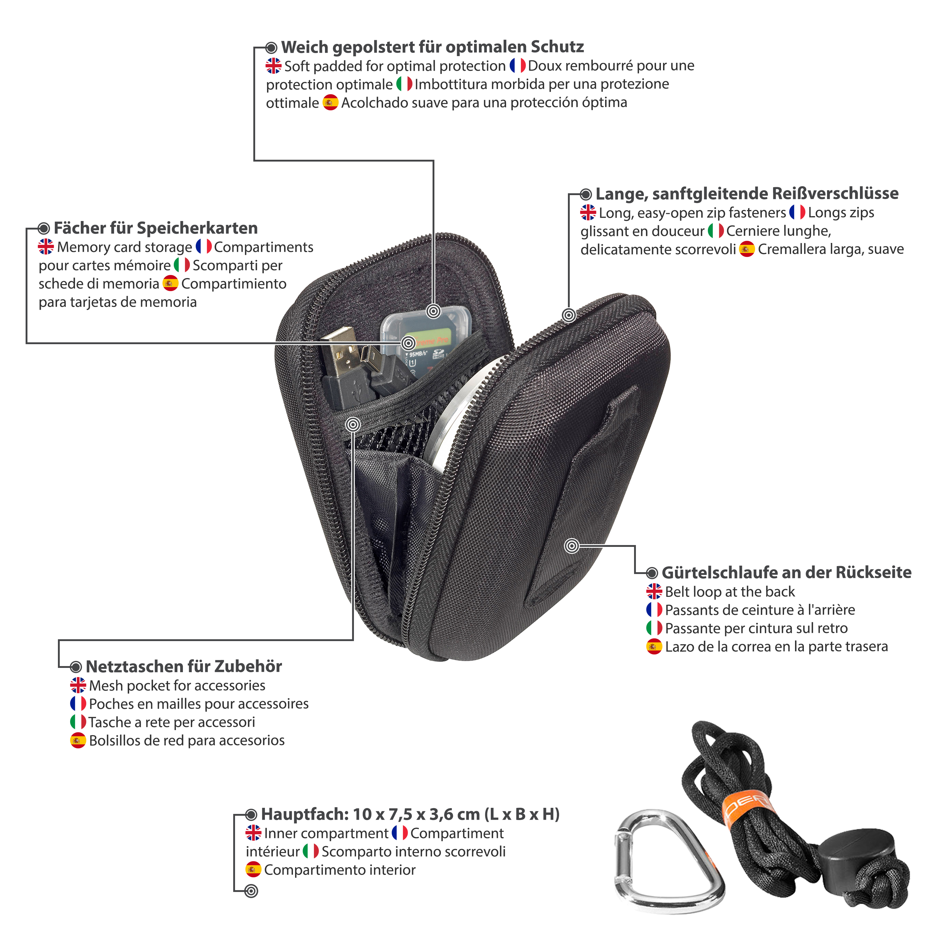 Eine schwarze Tasche mit Zubehör und Etiketten in mehreren Sprachen.