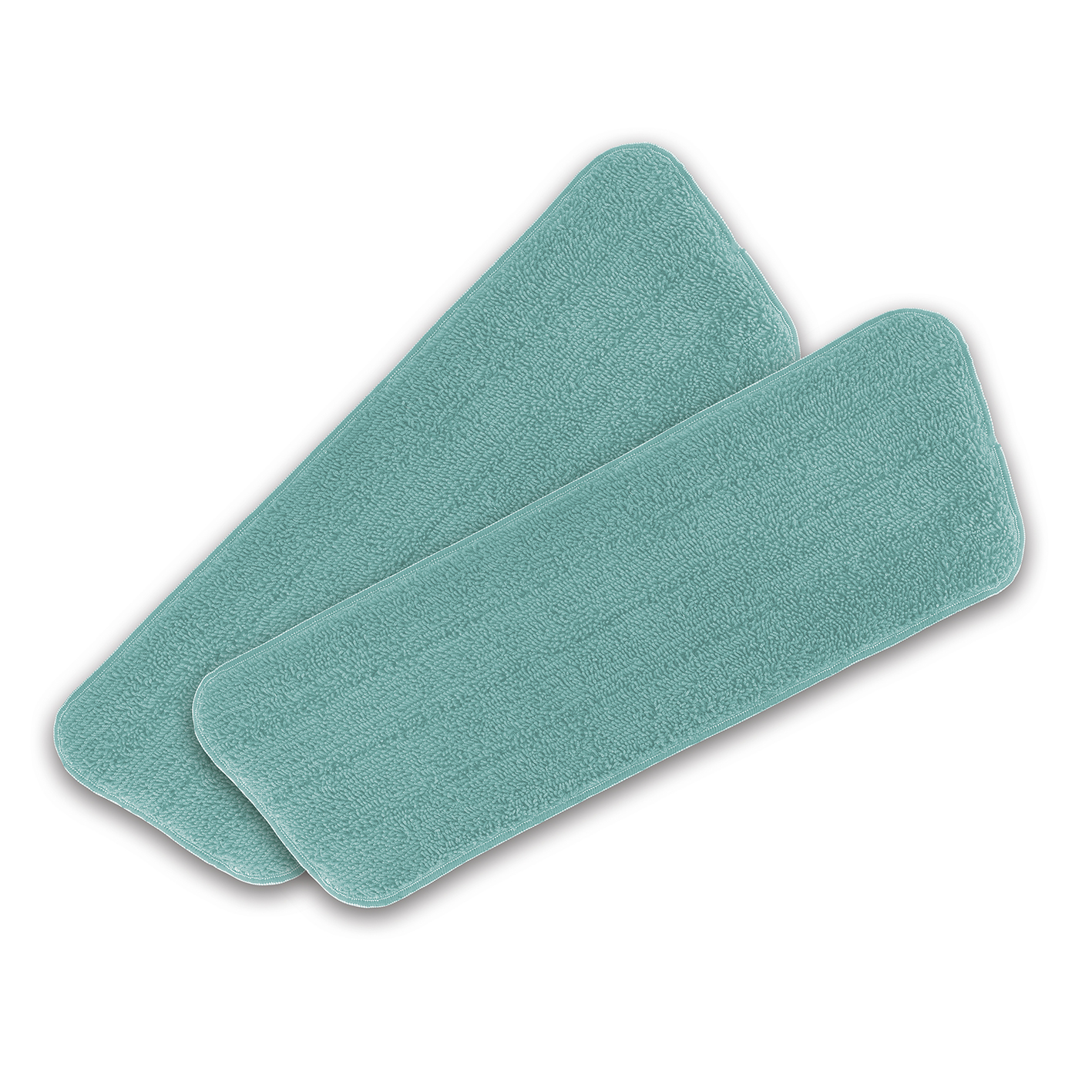 Zwei türkisfarbene Mikrofaser-Wischmopppads auf weißem Hintergrund. Die Pads sind rechteckig.