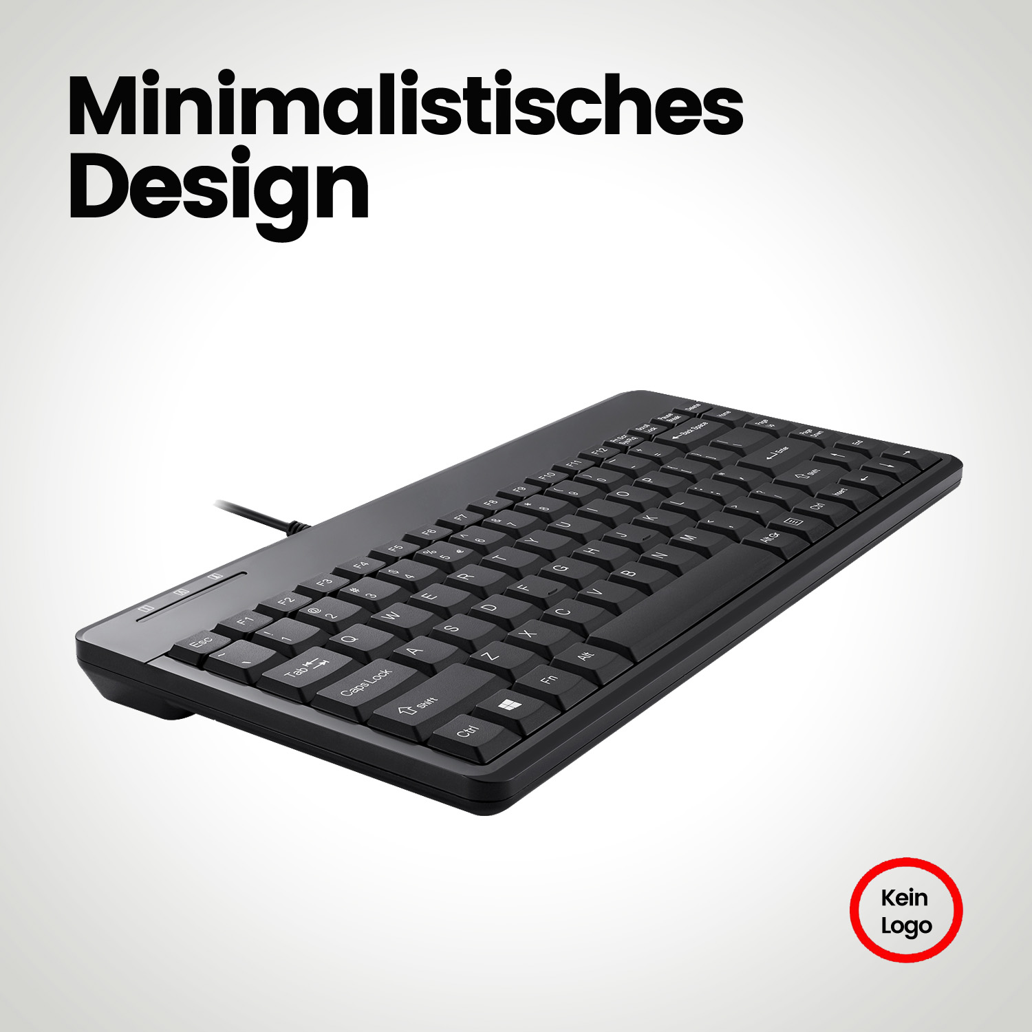 Una tastiera nera su sfondo grigio. Testo: 'Design minimalista' in nero.