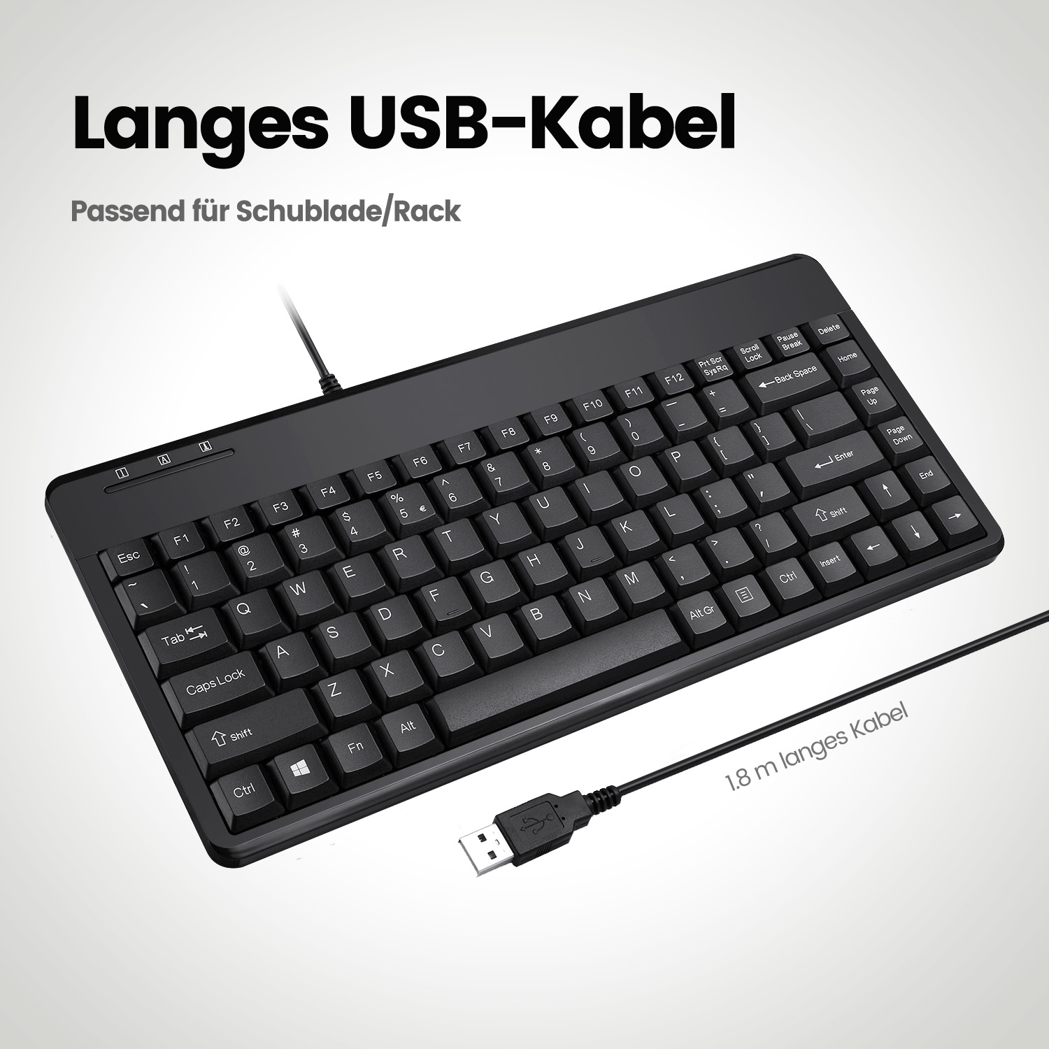 Tastiera nera con tasti bianchi, un lungo cavo USB e testo in tedesco: 'Cavo USB lungo'.