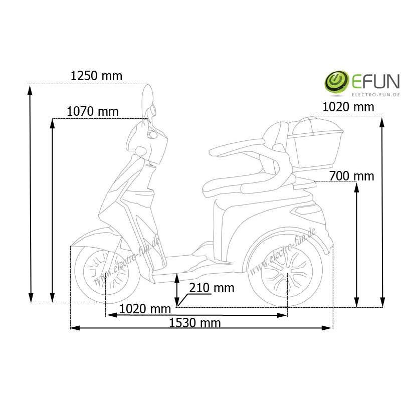 Eine Strichzeichnung eines Rollers mit Abmessungen und dem Logo von electro-fun.de.