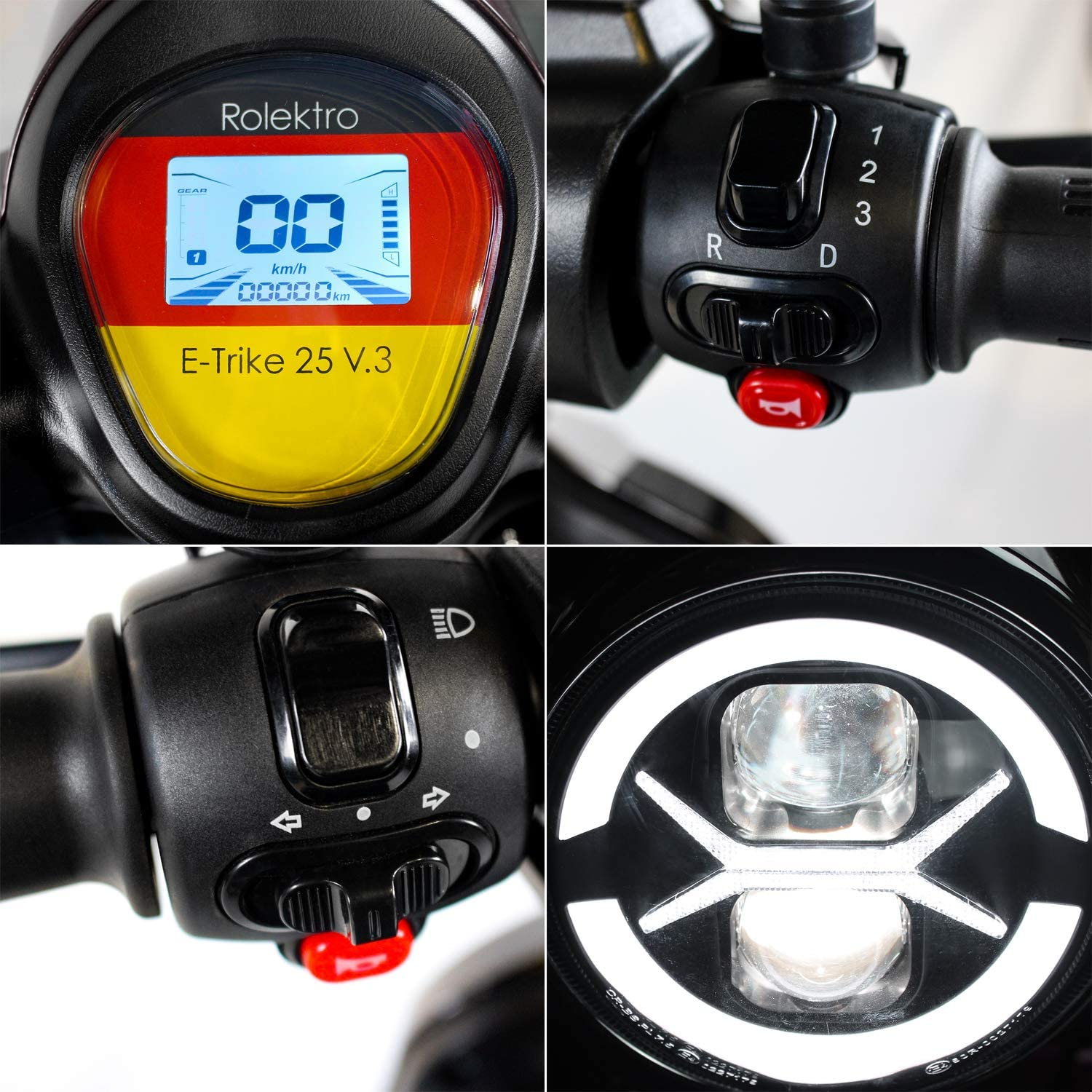 Mehrere Ansichten eines E-Trike-Armaturenbretts, Lenkerbedienelemente und Scheinwerfer. Rotes und gelbes Farbschema.