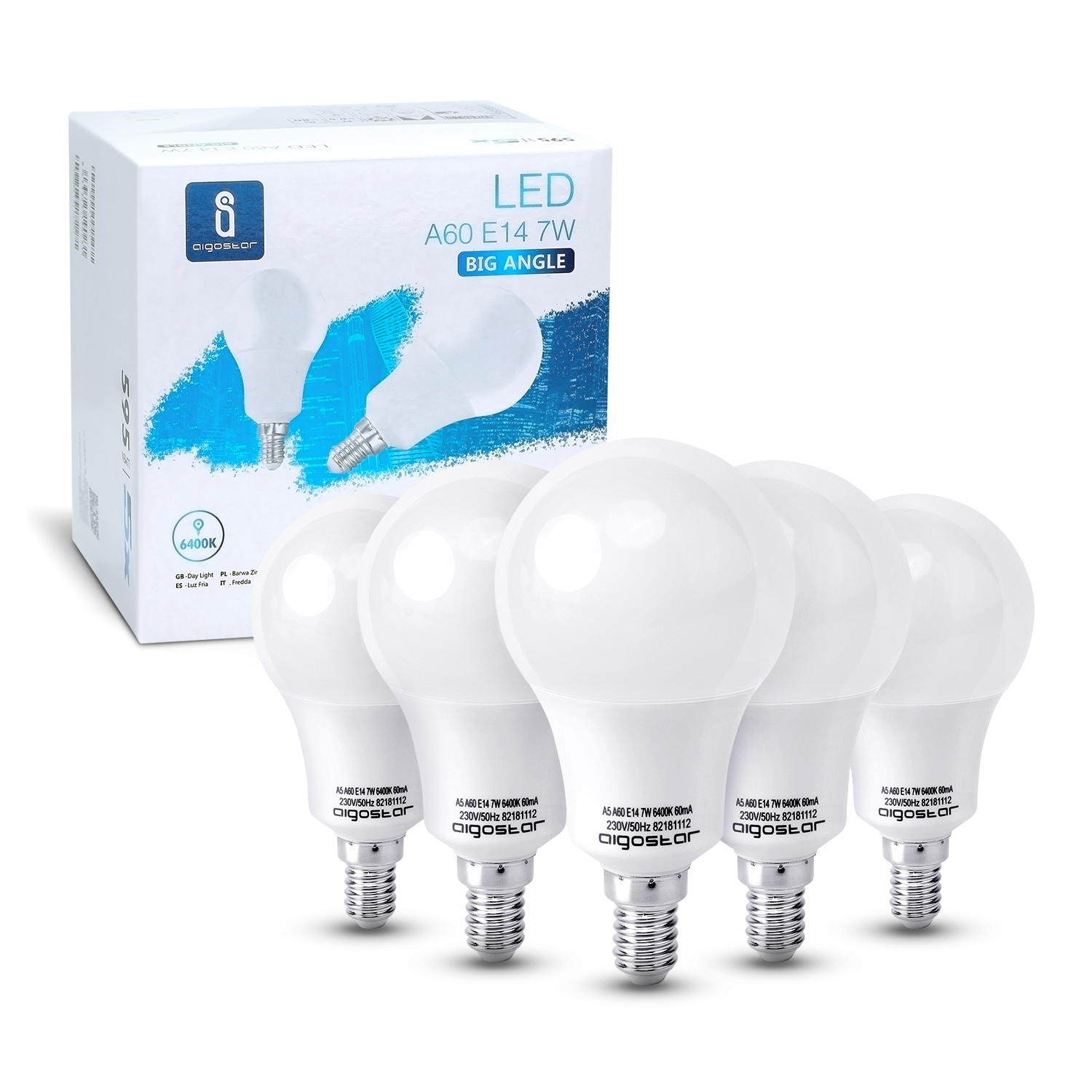 Cinque lampadine a LED bianche e una scatola Aigostar, 6400K.