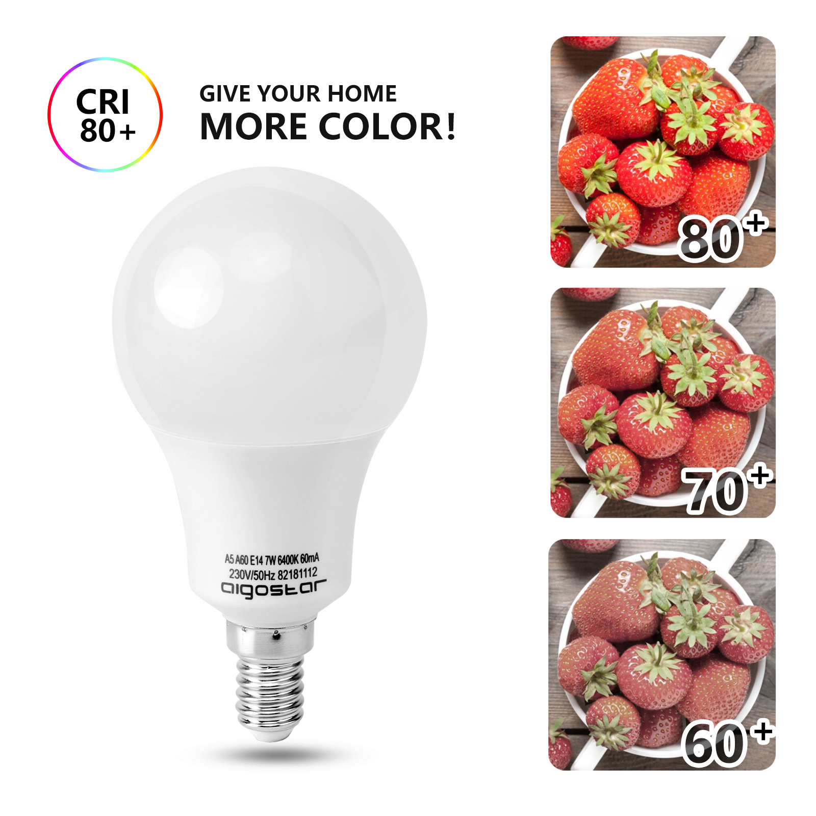 Una lampadina bianca con CRI 80+ e ciotole di fragole con numeri.