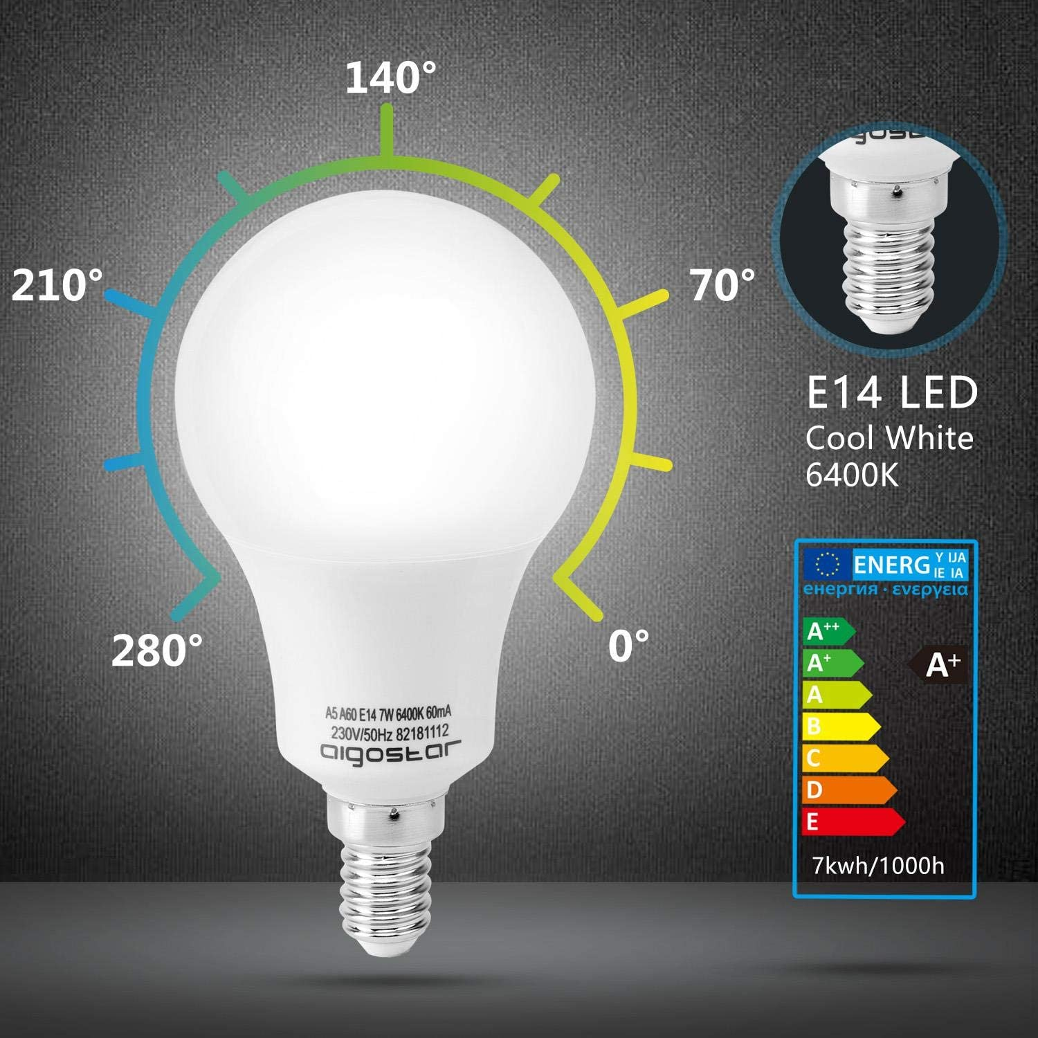 Una lampadina LED bianca E14, 7W, 6400K, che mostra angolo del fascio e etichetta efficienza energetica.