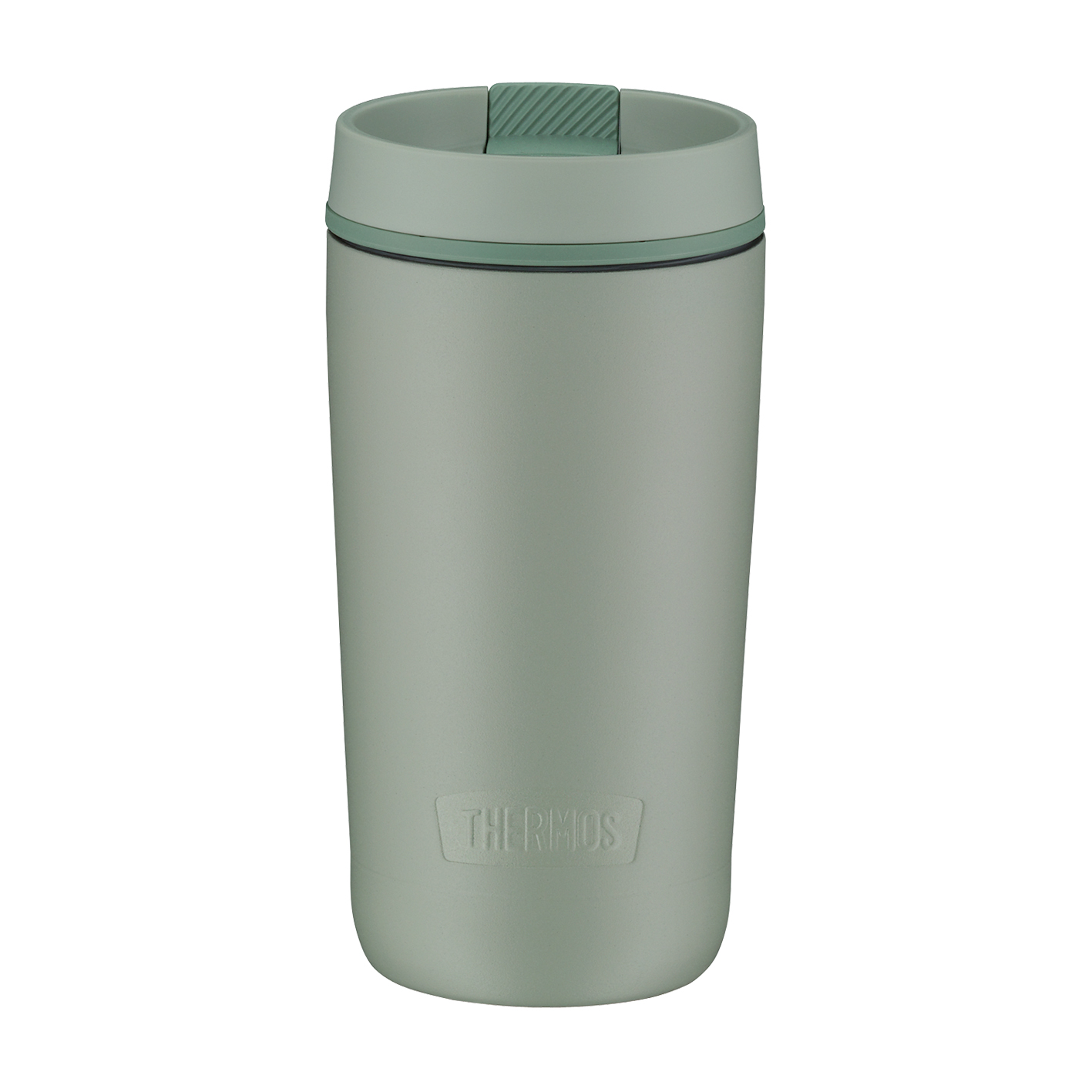 Grüner Thermosbecher mit dunkelgrünem Deckel und schwarzem Streifen. Das Wort THERMOS steht vorne.