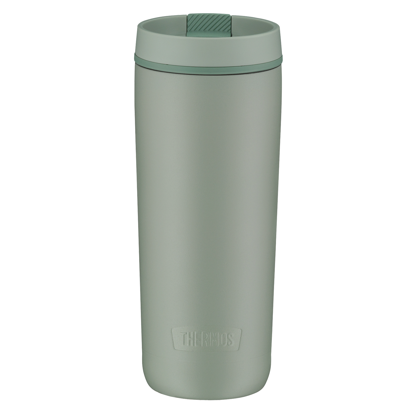 Eine grüne Thermoskanne mit grünem Deckel. Die Marke 'Thermos' ist auf dem Becher sichtbar.