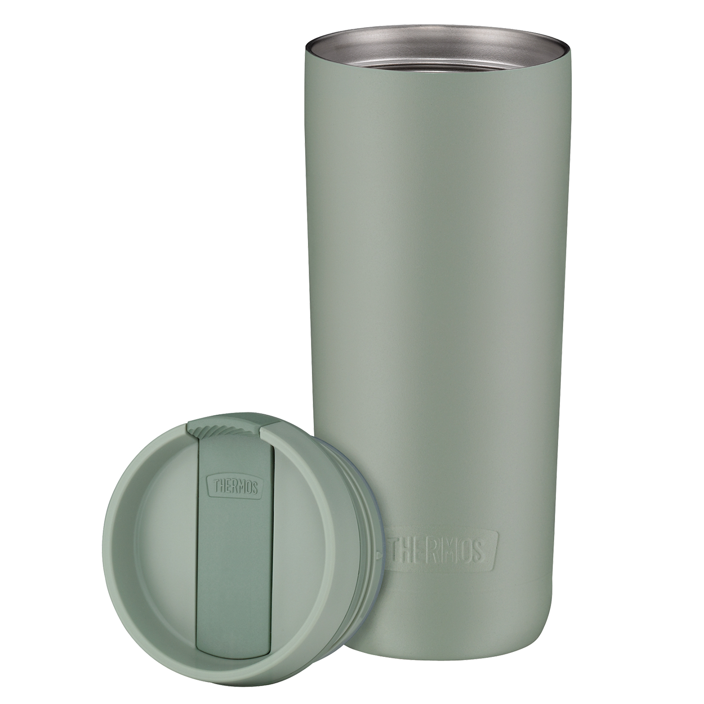 Ein hellgrüner Thermos-Reisebecher mit Deckel. Der Deckel ist abgenommen und zeigt das Innere und das Thermos-Logo.