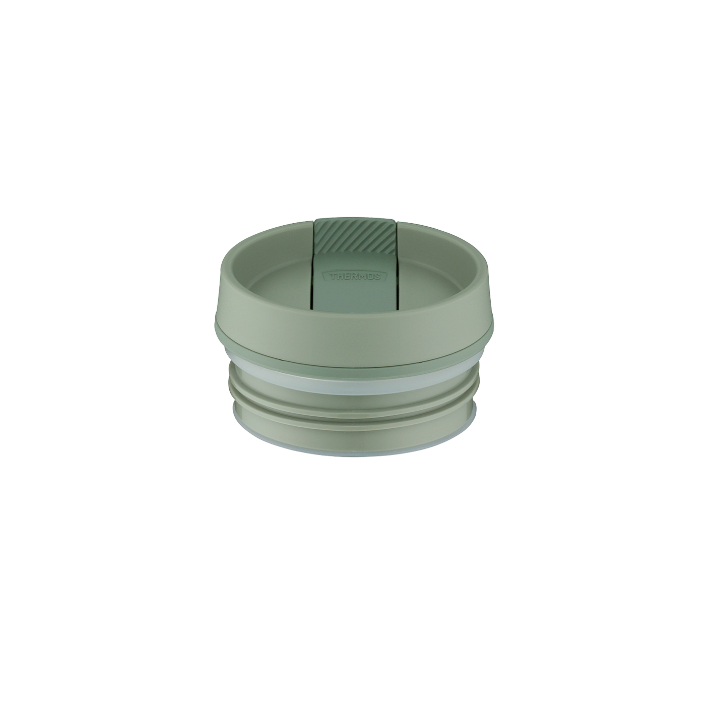 Grüner Thermosflaschen Deckel mit Schieber. Weißer Hintergrund.