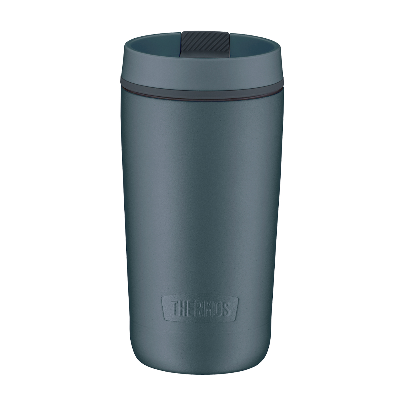 Blaugrauer isolierter Reisebecher. Hat einen dunkelgrauen Deckel und einen schwarzen Verschluss. THERMOS-Logo.