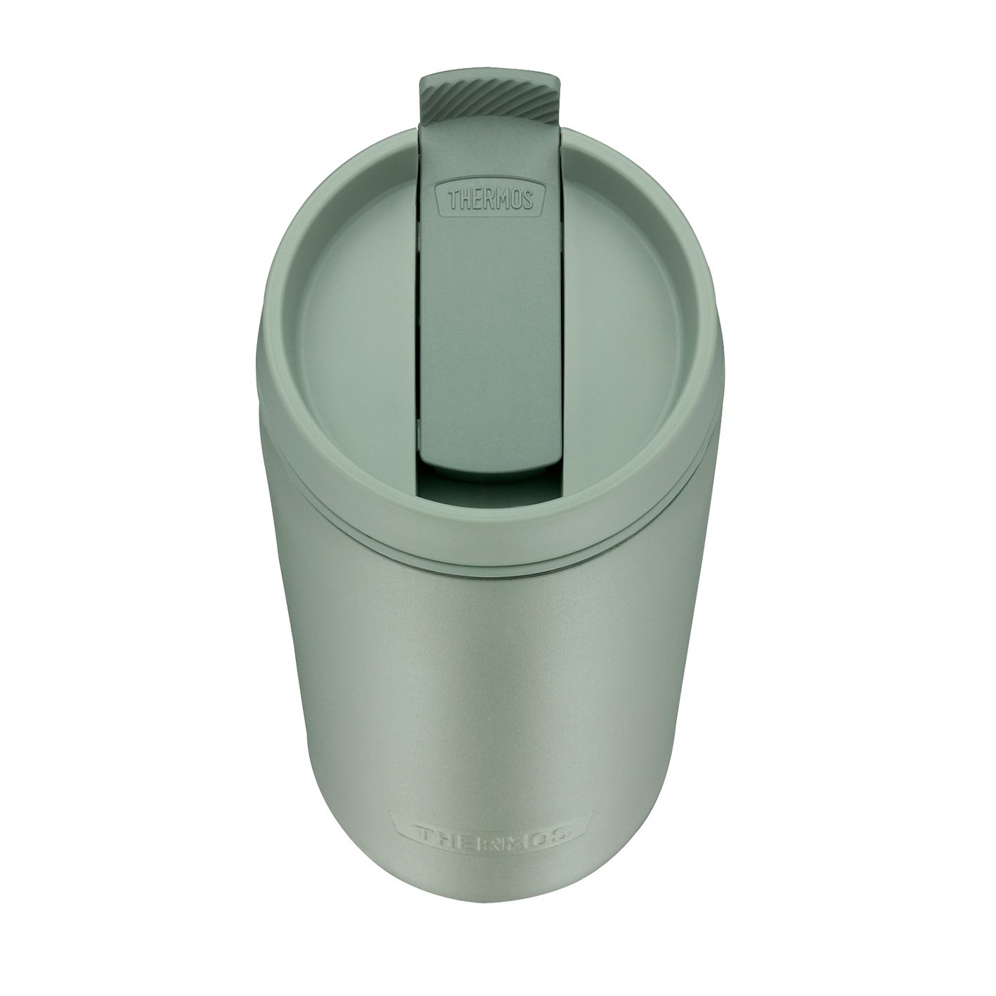 Grüner Thermobecher mit Klappdeckel. Der Deckel ist geöffnet und das Thermos-Logo ist sichtbar.