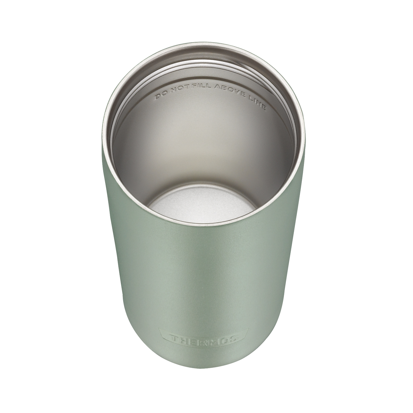 Ein grüner Thermobecher, mit dem Wortlaut 'DO NOT FILL ABOVE LINE' im Becher, weißer Hintergrund.