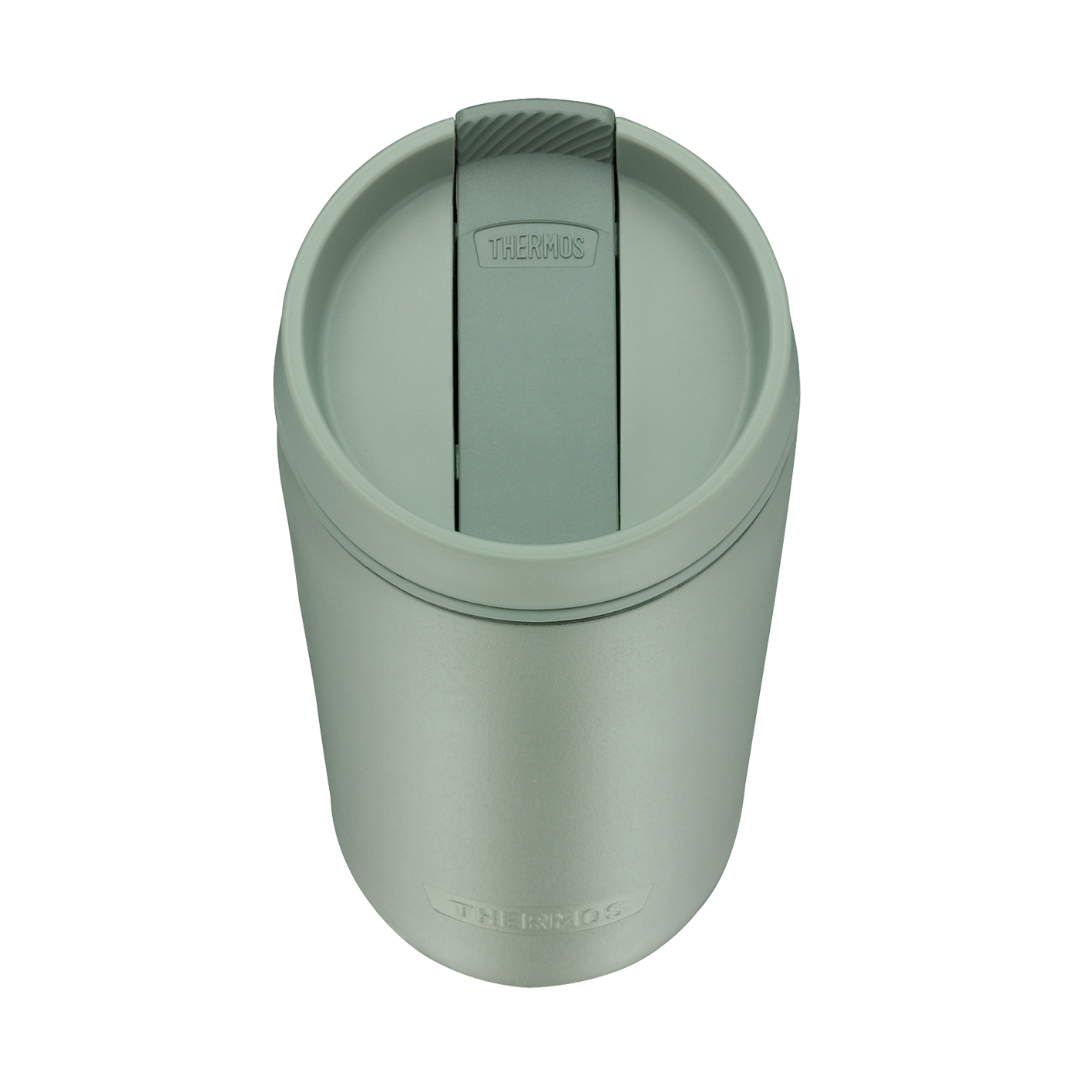 Grüner Thermos-Reisebecher mit Deckel. Der Deckel hat das Thermos-Logo.