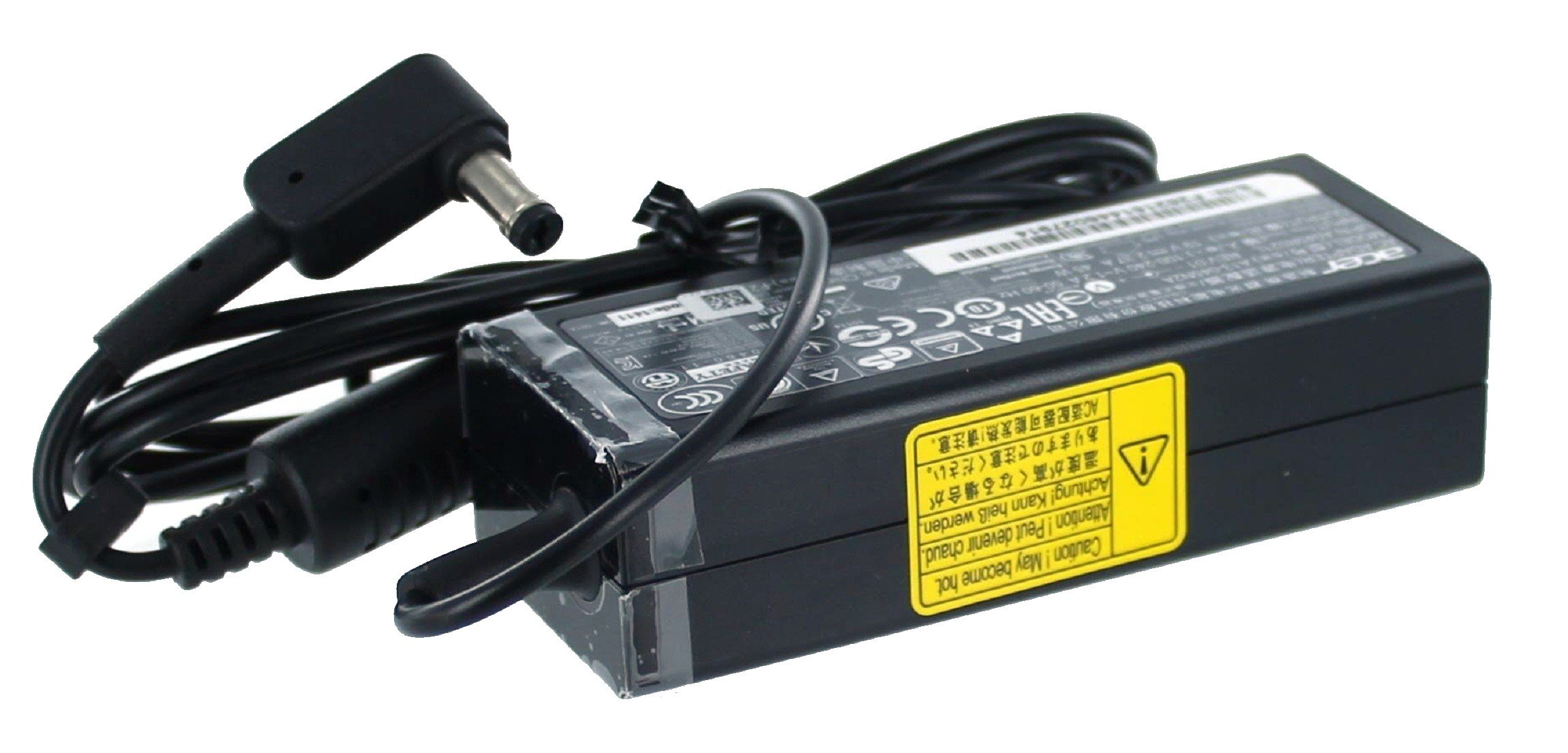 Schwarzes Acer Laptop-Ladegerät mit schwarzem Kabel, Stecker und gelbem Warnhinweis.