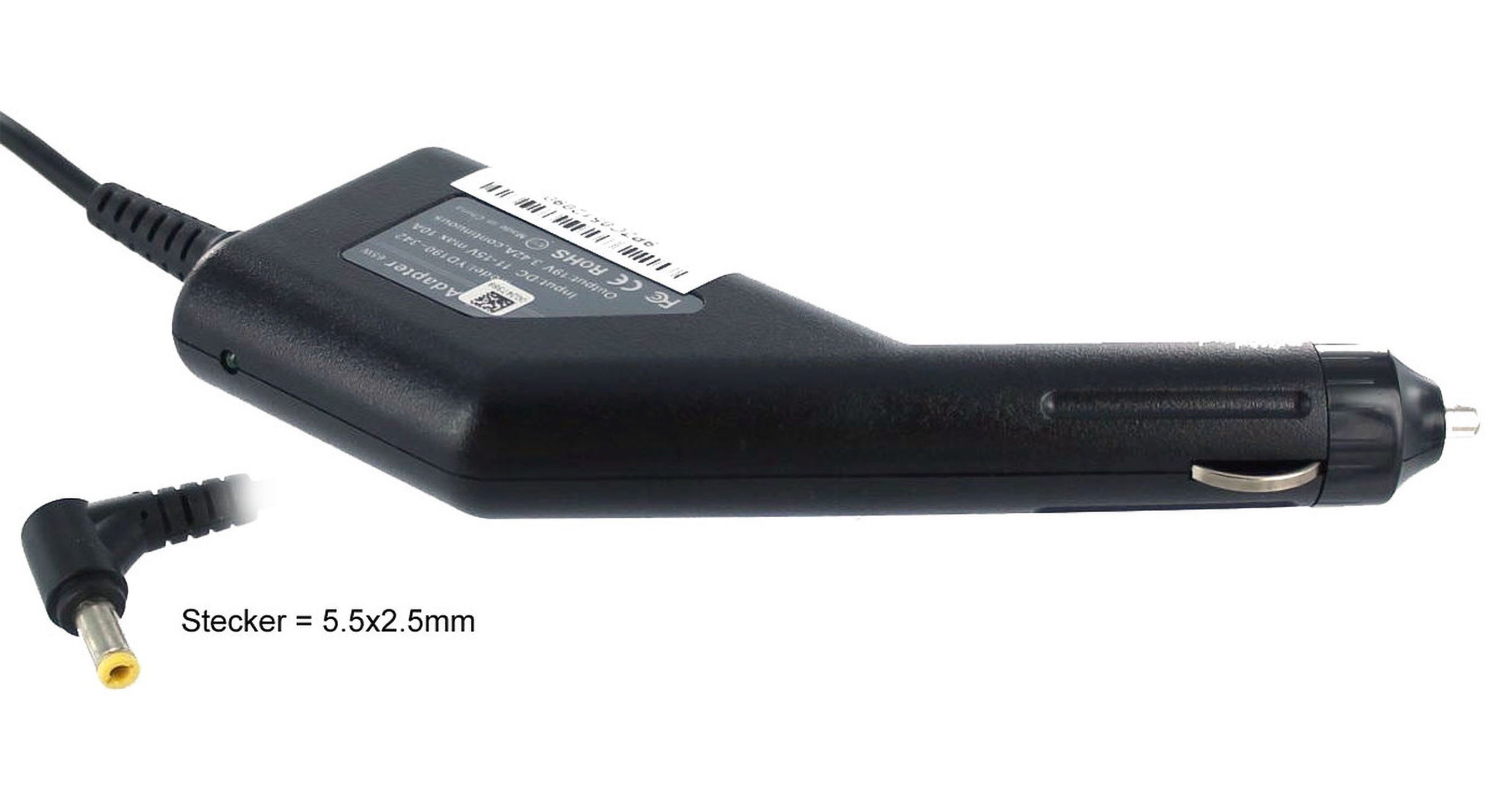 Schwarzer Auto-Ladegerätadapter mit schwarzem Kabel, weißer Hintergrund. Text: Stecker = 5,5x2,5mm.
