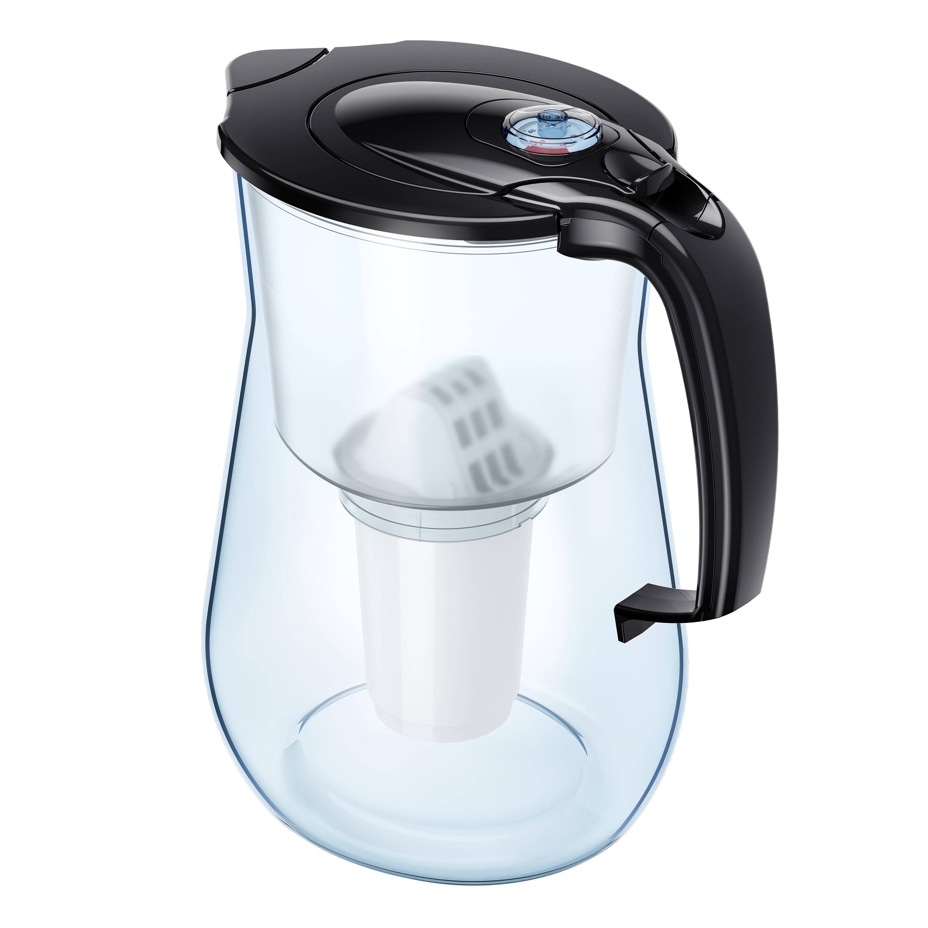Ein klarer Wasserfilterkrug mit schwarzem Deckel und Griff sowie einem weißen Filter im Inneren.