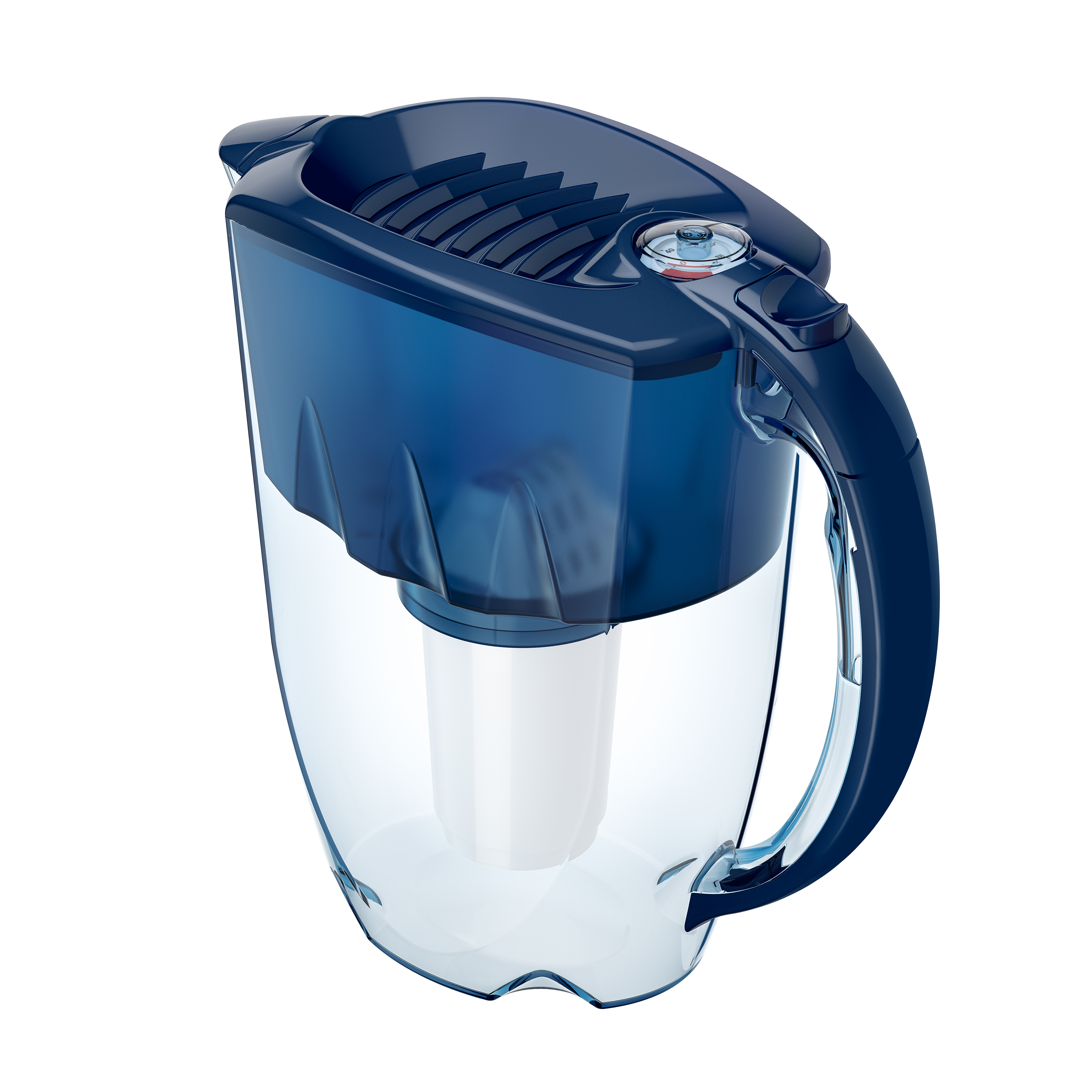 Blauer Wasserfilterkrug. Er ist transparent mit blauem Griff und Deckel. Der Filter ist sichtbar.