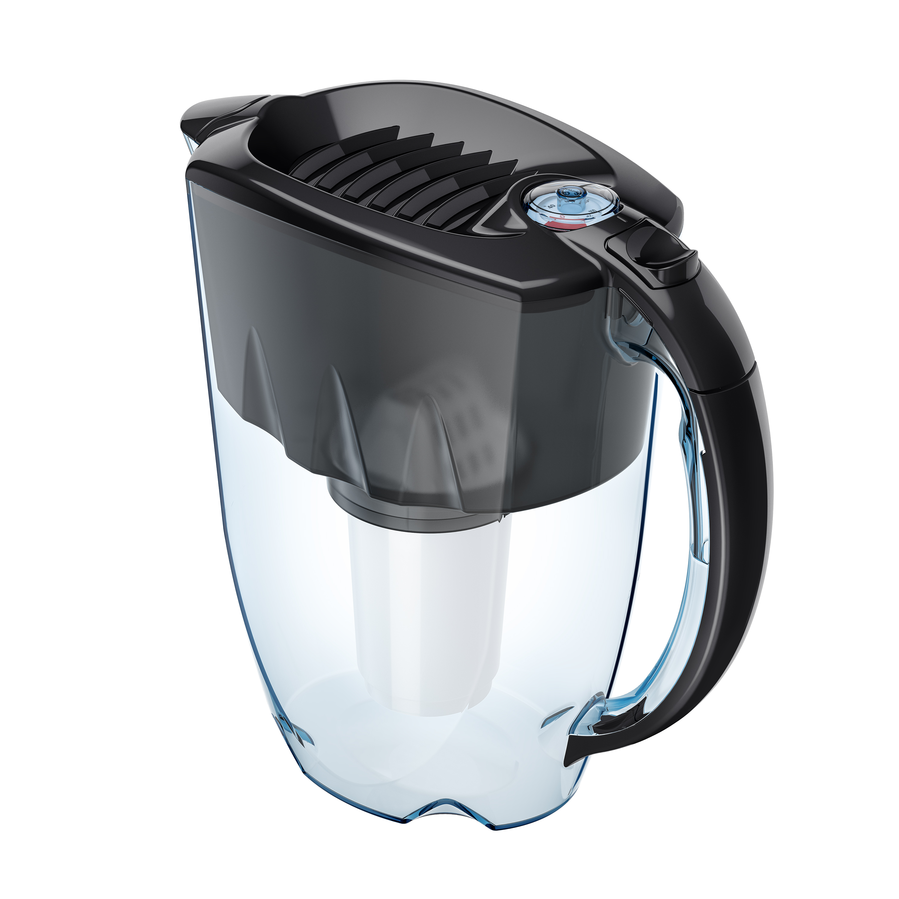 Brocca filtro acqua nera e trasparente. Coperchio e manico neri, corpo trasparente.
