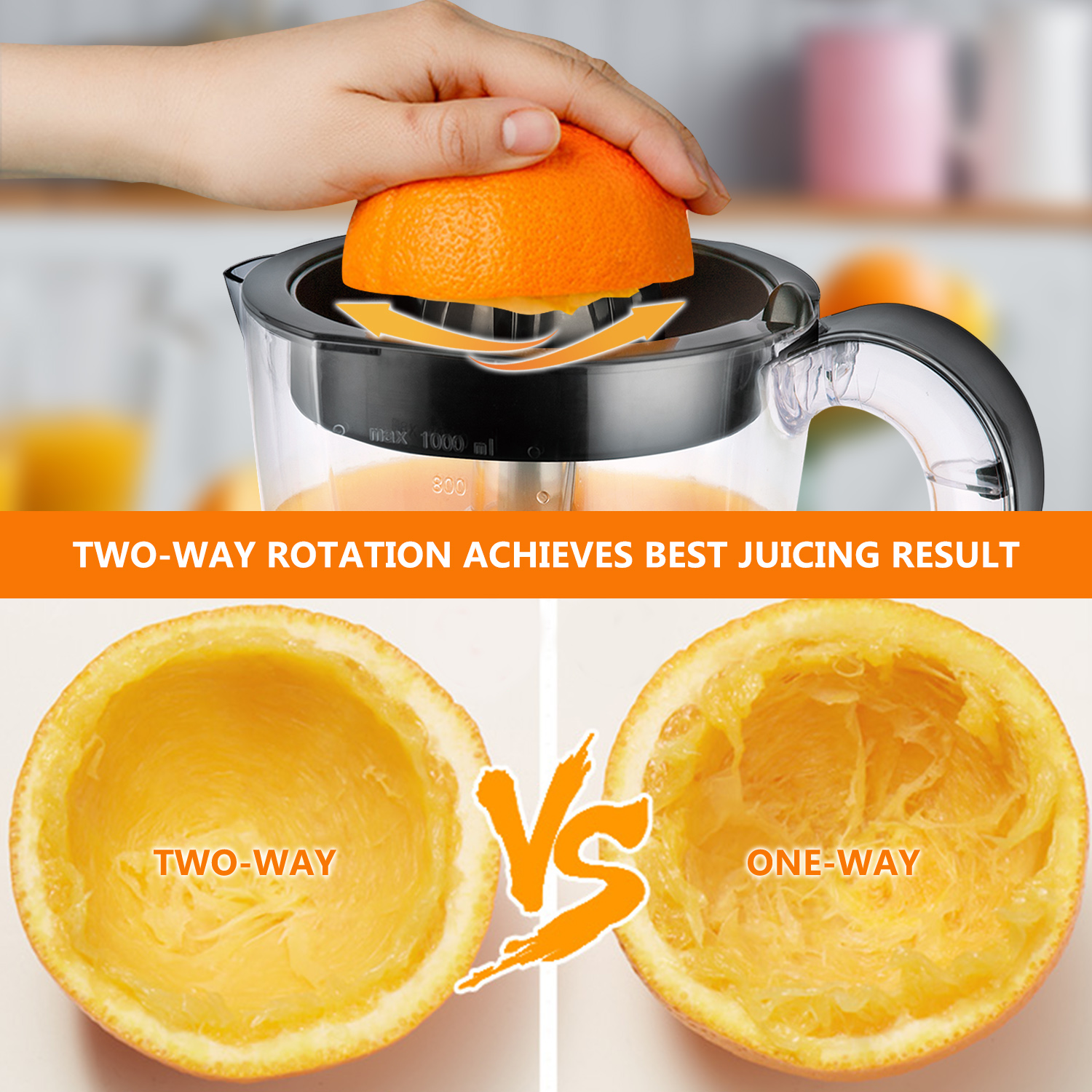 Exprimidor con naranja exprimiéndose. Comparación de rotación bidireccional vs unidireccional.