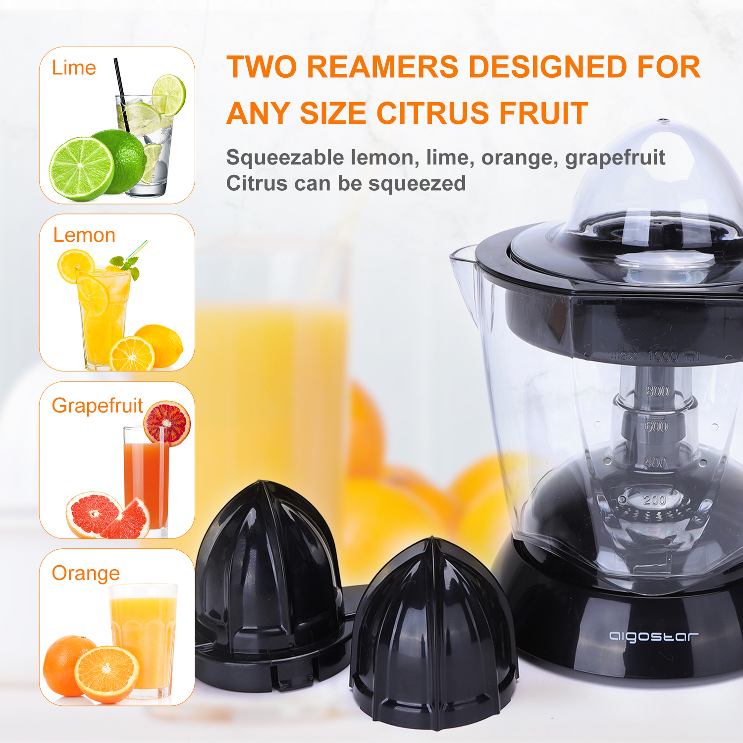 Exprimidor de cítricos con dos escariadores, limones, limas, naranjas y pomelos.