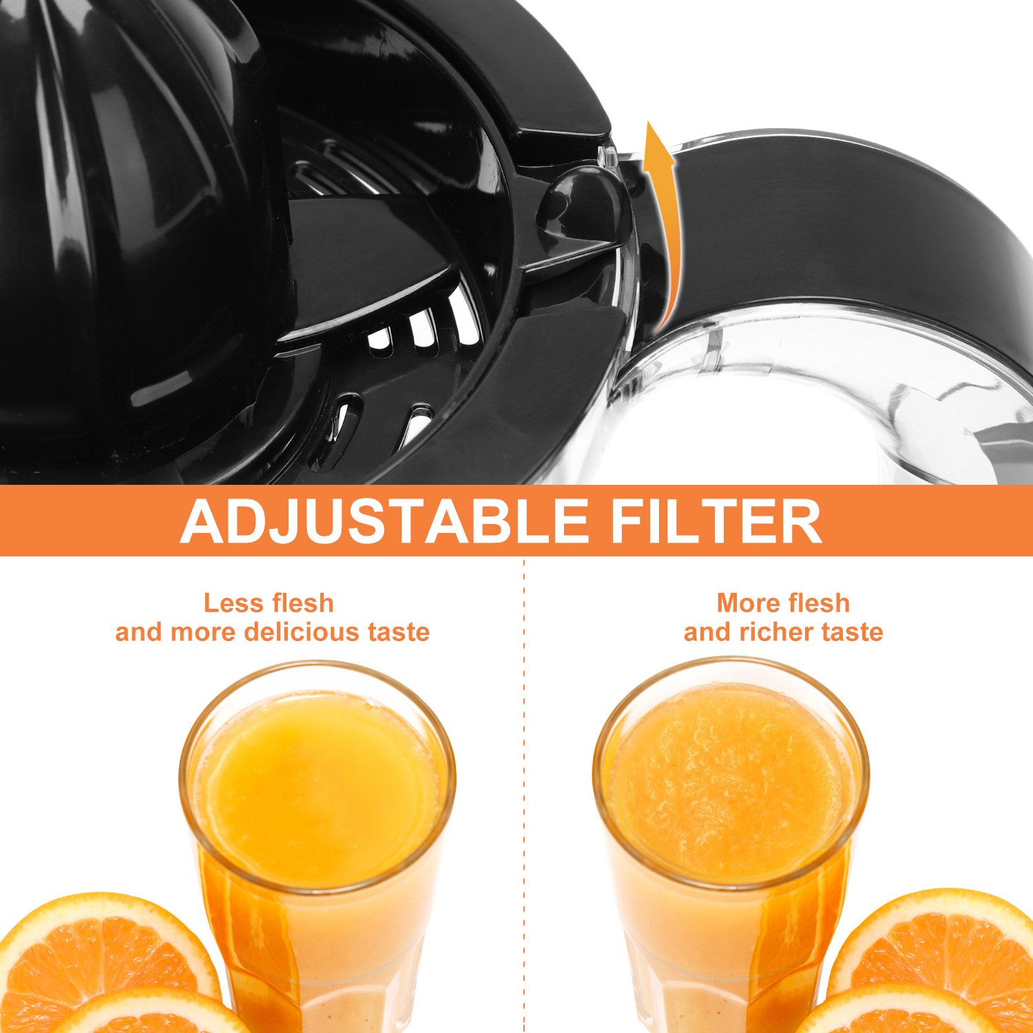 Vasos de zumo de naranja con exprimidor. Texto sobre filtro ajustable. Fondo blanco.