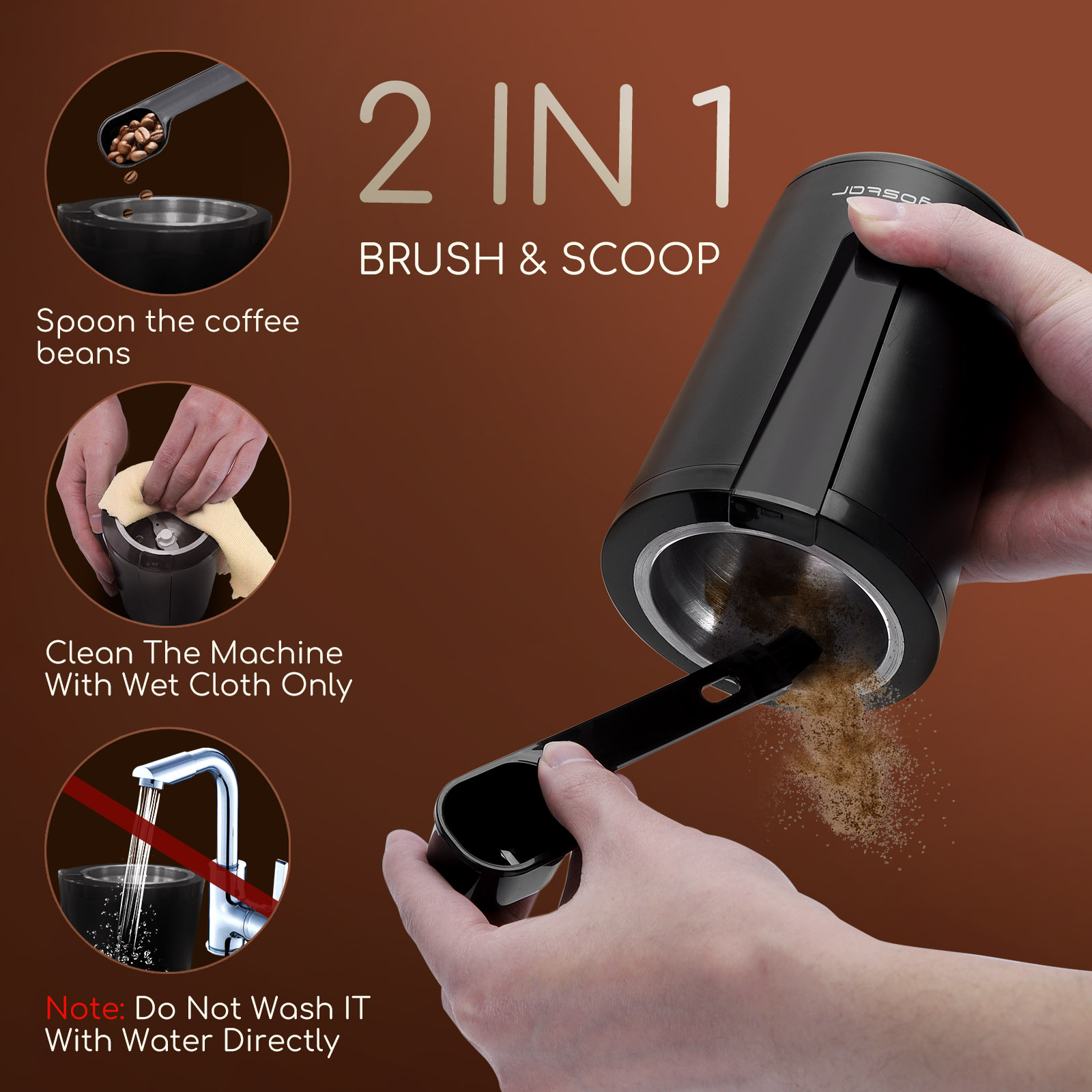 Eine Werbung zeigt eine 2-in-1-Kaffeemühle mit Text und Gebrauchsanweisungen.