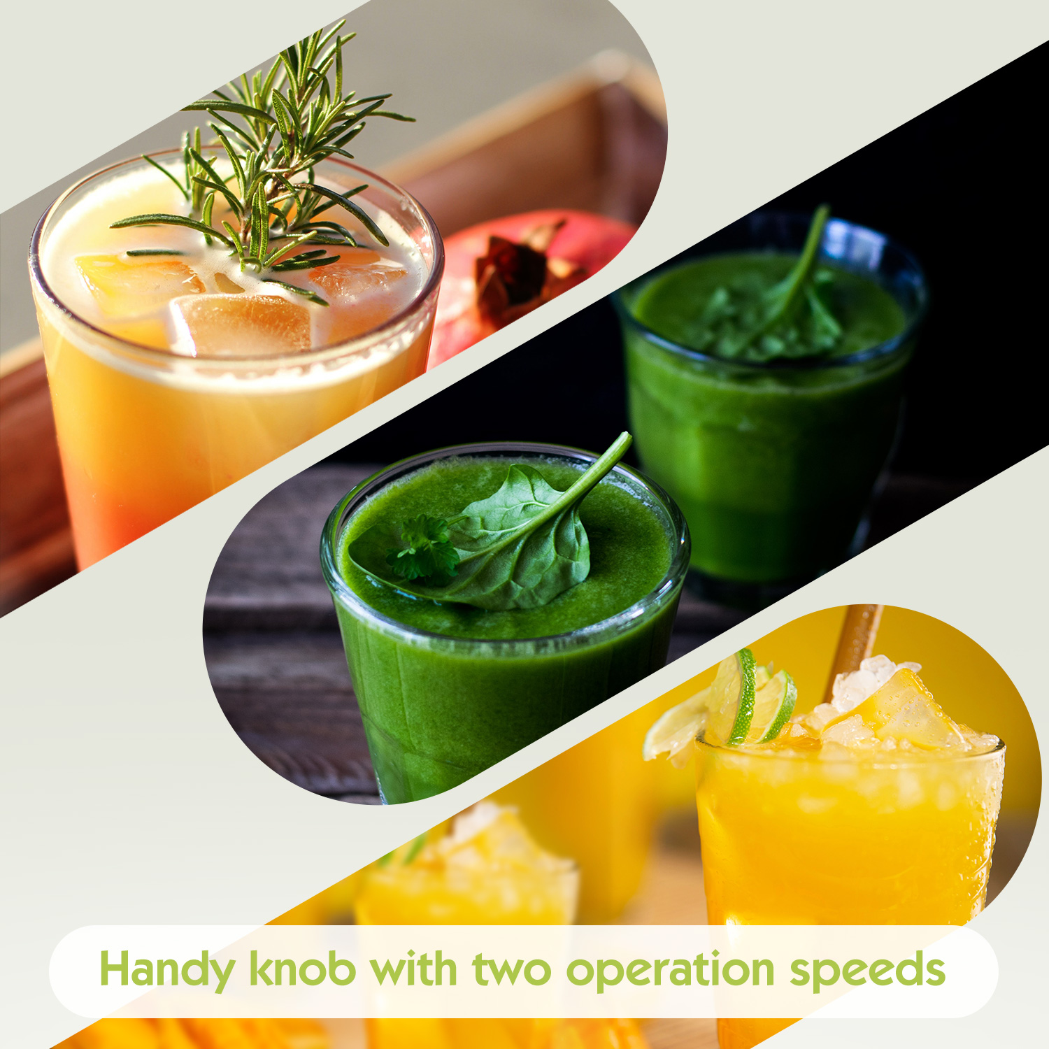 Drei Smoothies in Gläsern mit Früchten und Kräutern, Text: 'Praktischer Knopf mit zwei Geschwindigkeiten'.
