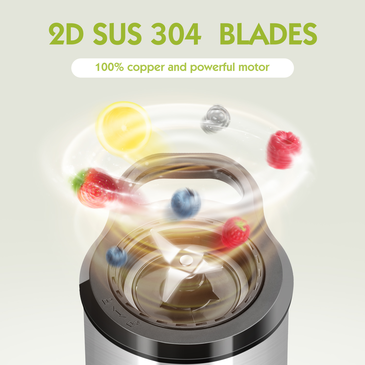 Ein Mixer mit Klingen und schwebenden Früchten. Text lautet '2D SUS 304 BLADES' und '100% copper and powerful motor'.