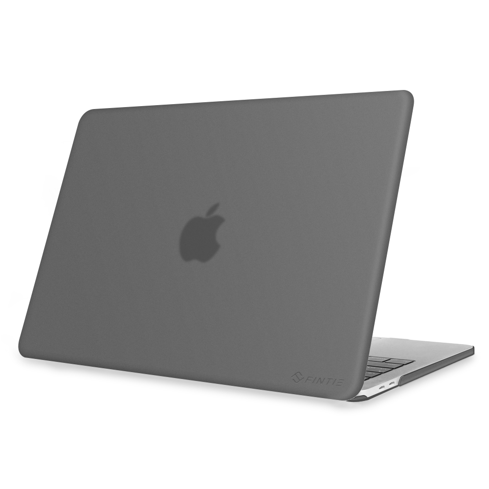 Grauer Laptop mit grauer Hülle. Das Apple-Logo ist sichtbar. Die Hülle bedeckt das Laptop-Oberteil.