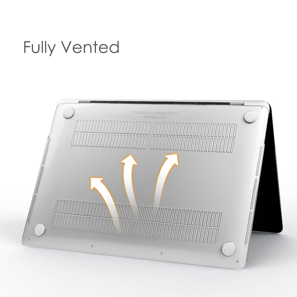 Laptopbasis mit Lüftungslöchern. Weiße Pfeile zeigen den Luftstrom. Text 'Fully Vented' erscheint oben.