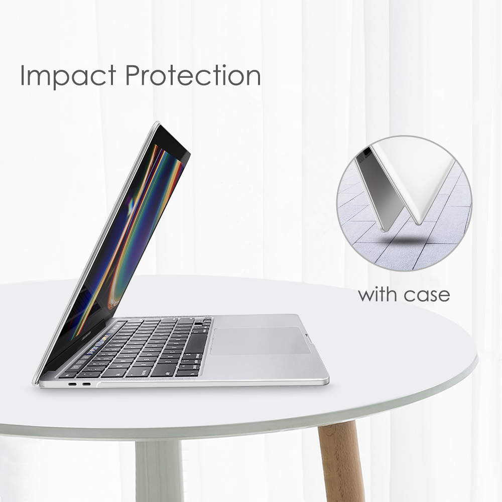 Laptop auf weißem Tisch mit Hülle. Text: 'Impact Protection' und 'with case'.