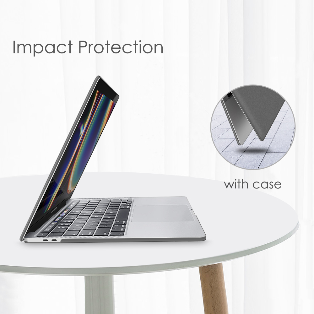 Laptop auf weißem Tisch, geöffnet, Display sichtbar. Text 'Impact Protection' darüber.