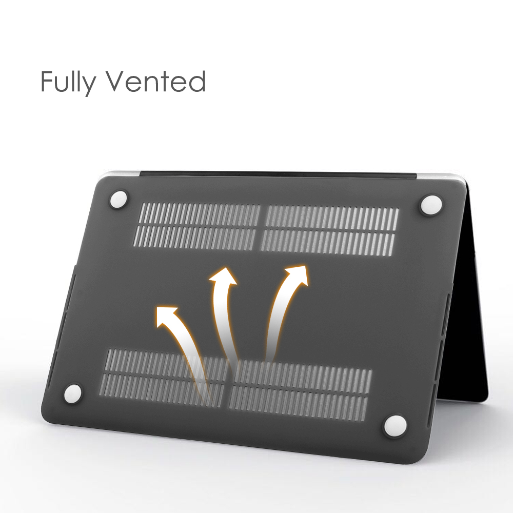 Schwarze Laptoptasche mit Lüftungsschlitzen und weißen Pfeilen, die nach außen zeigen. Der Text lautet: "Fully Vented".