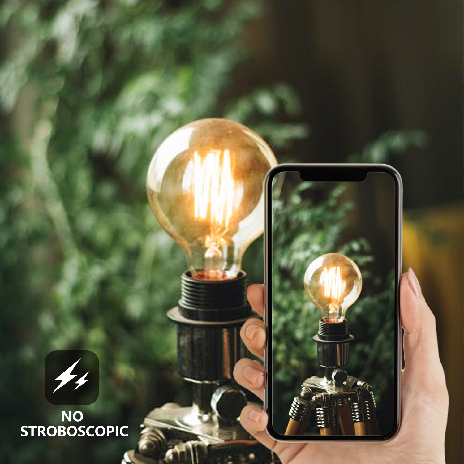Telefono mostra lampada con lampadina. Icona fulmine e testo 'NO STROBOSCOPICO'.