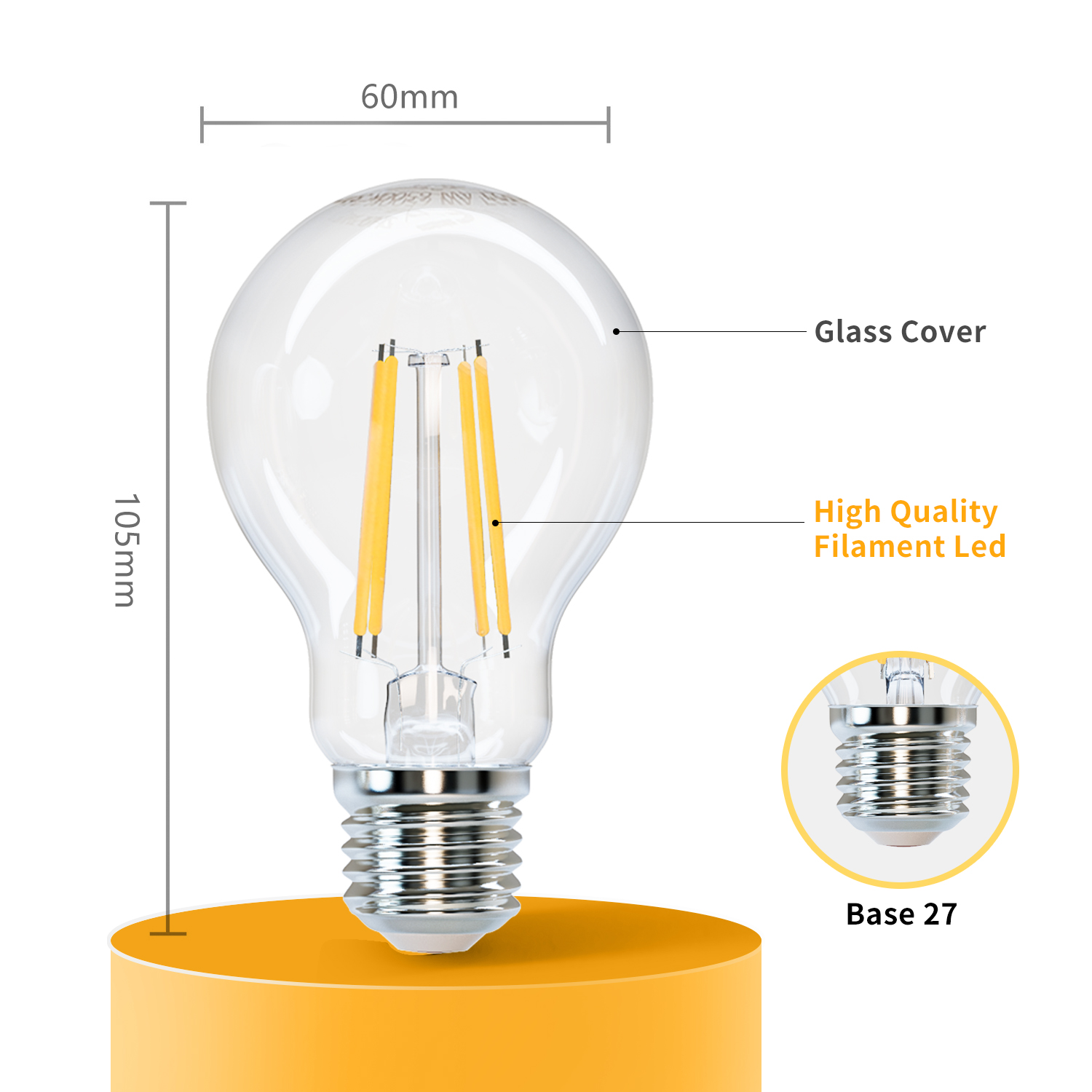 Lampadina LED a filamento con copertura in vetro, altezza 105mm, larghezza 60mm.