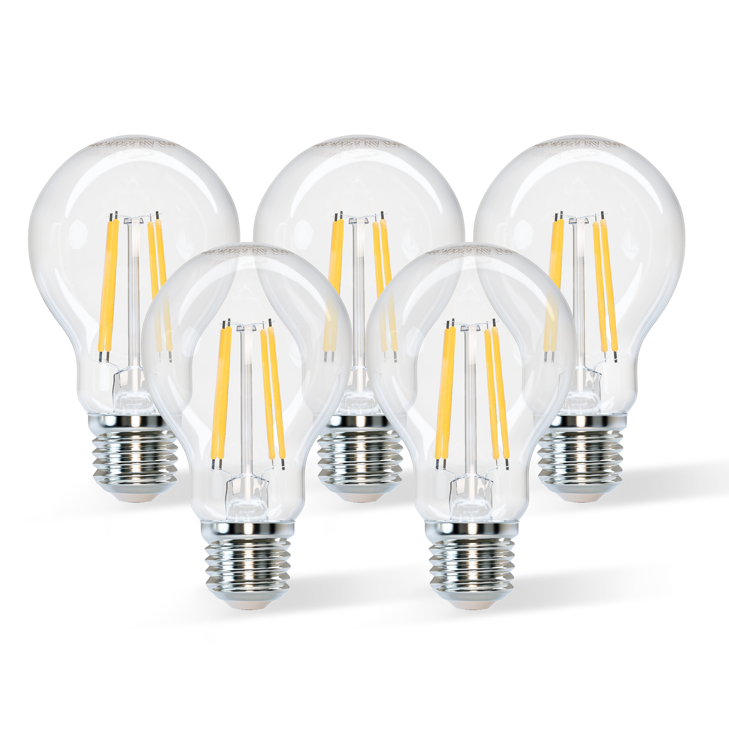 Cinque lampadine LED a filamento in vetro trasparente con basi argentate.