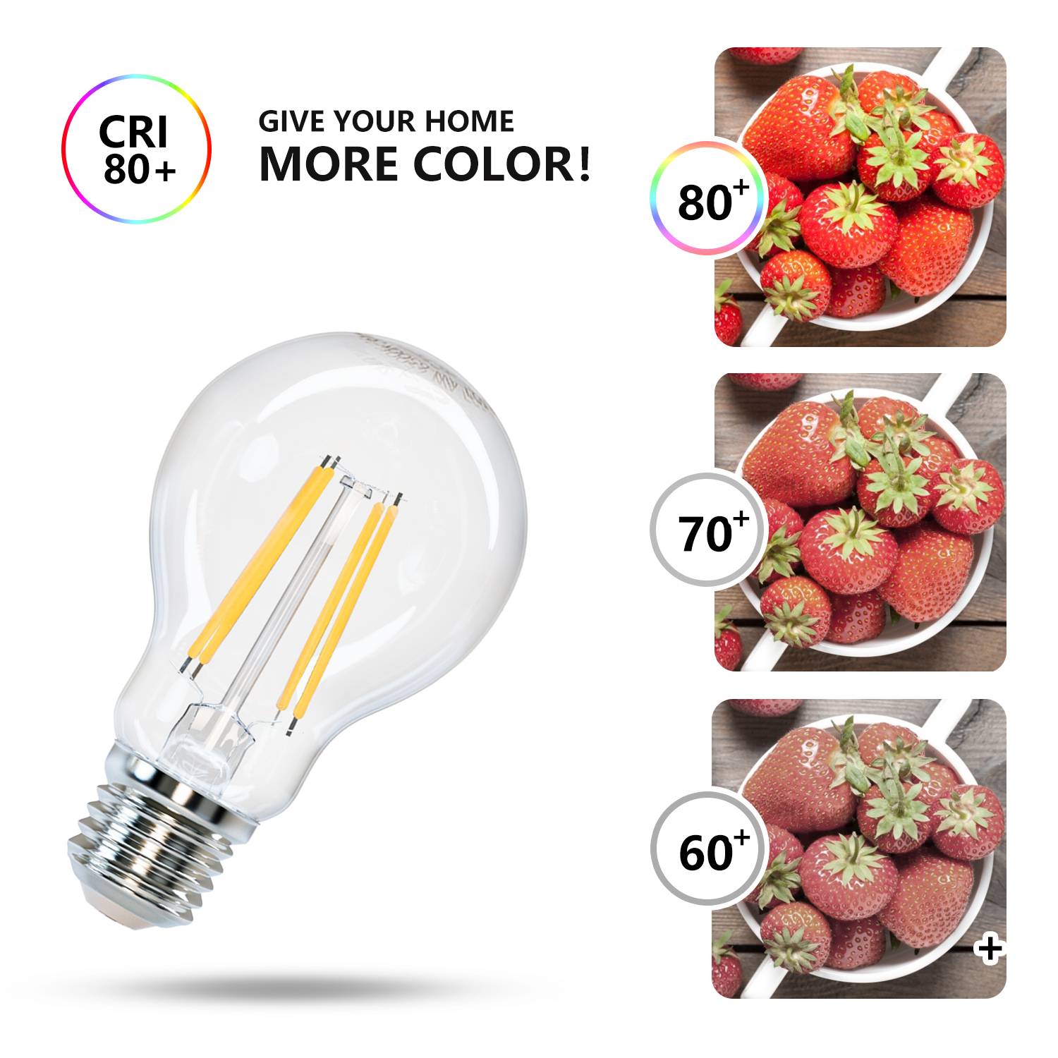 Lampadina LED con CRI 80+ e fragole che mostrano l'accuratezza del colore.