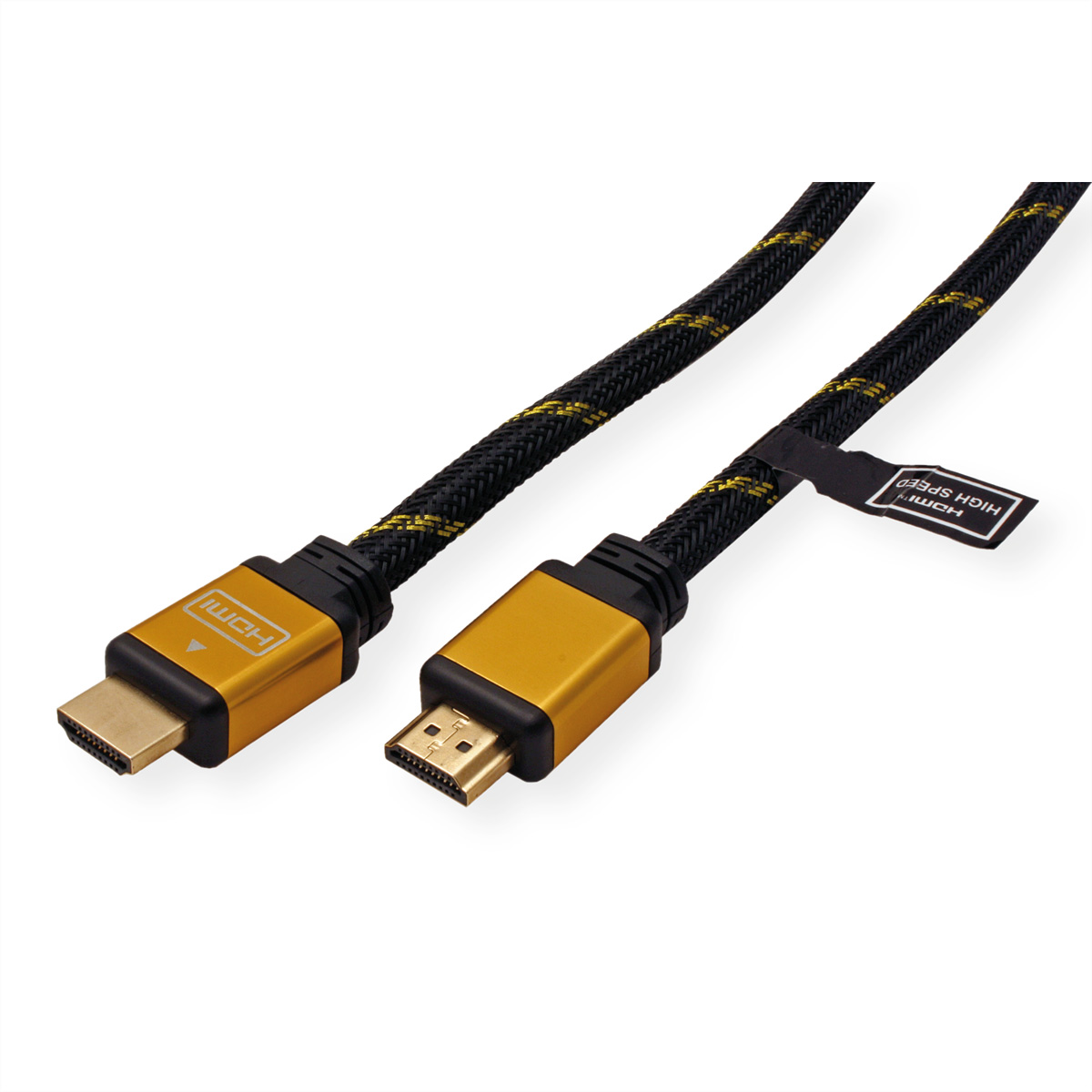 Zwei HDMI-Kabel, gold und schwarz-gelb akzentuiert, auf weißem Grund.