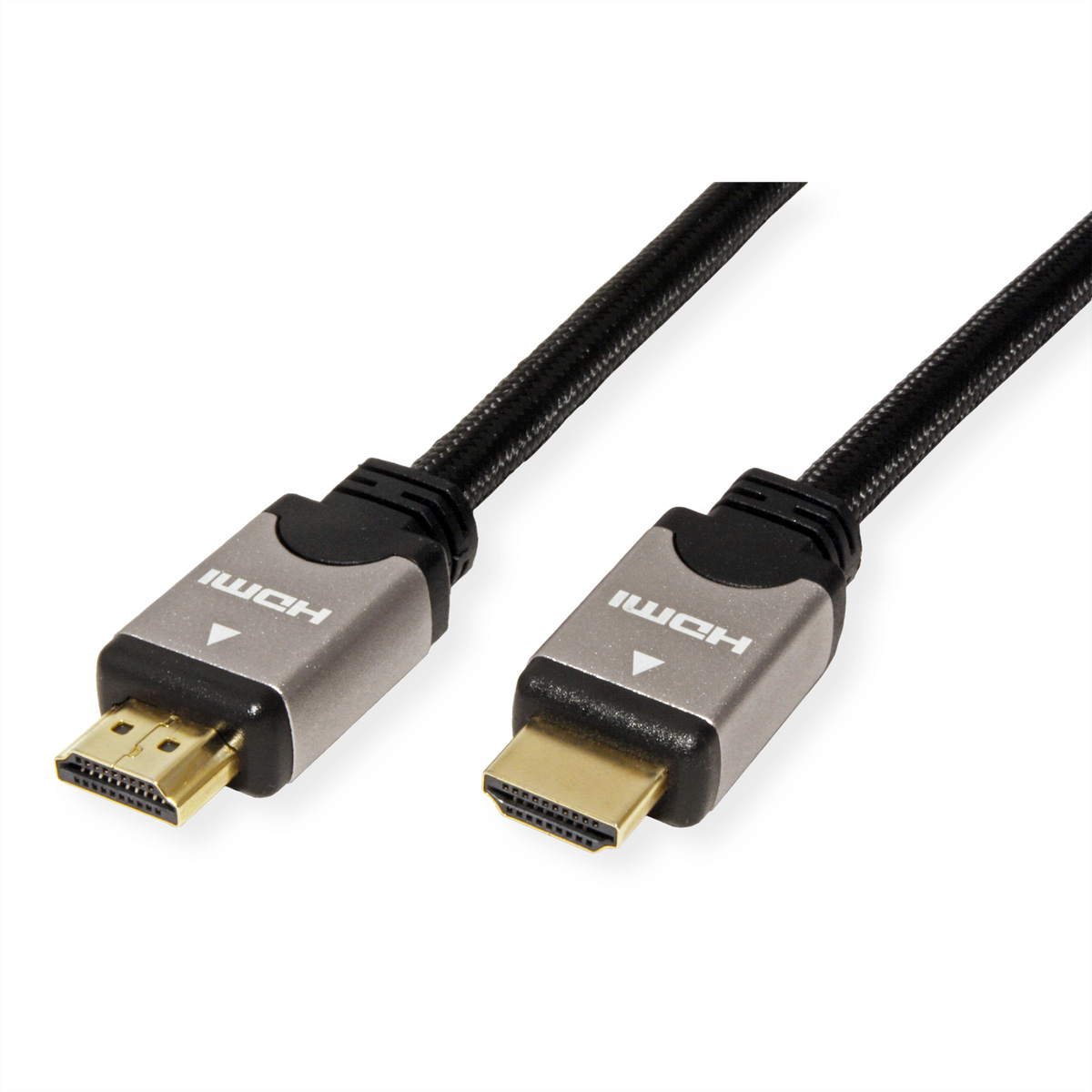 Zwei HDMI-Kabel mit silbernen Steckern, isoliert auf weißem Hintergrund.
