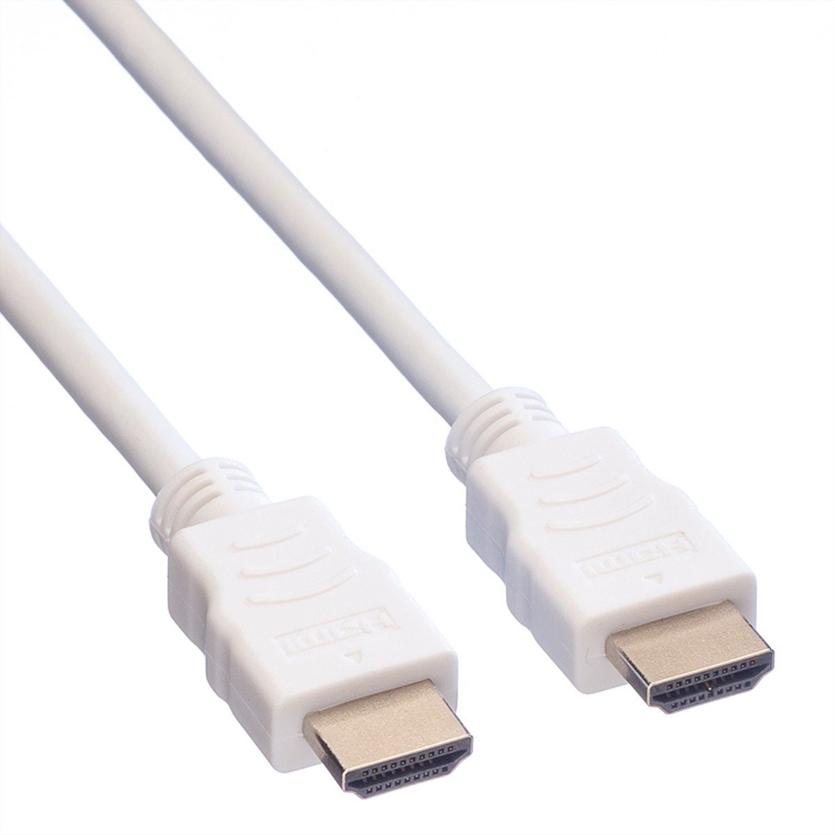 Deux câbles HDMI blancs avec connecteurs blancs, prises face au spectateur, sur fond blanc.