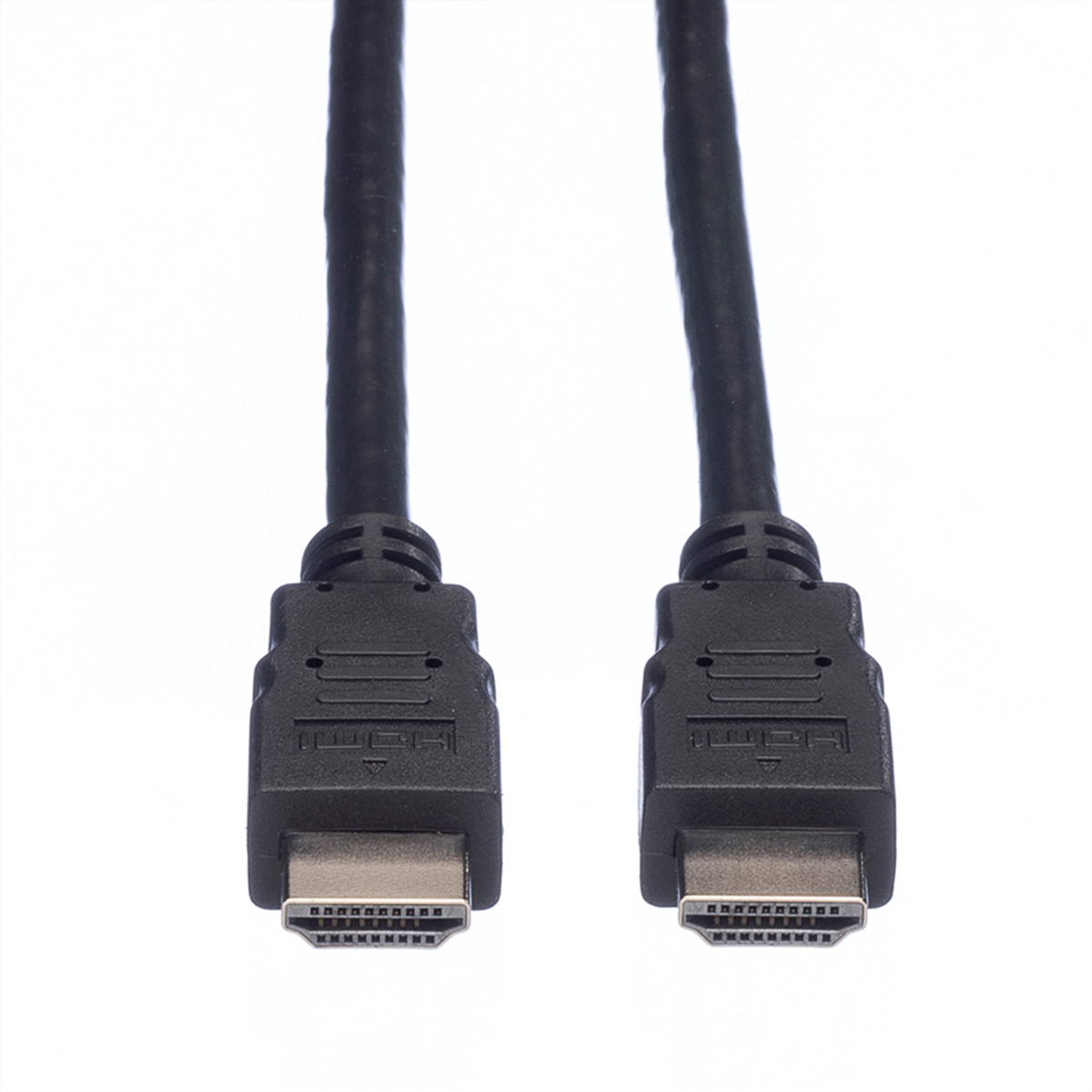 Twee zwarte HDMI-kabels met connectoren aan beide uiteinden, geïsoleerd op een witte achtergrond.