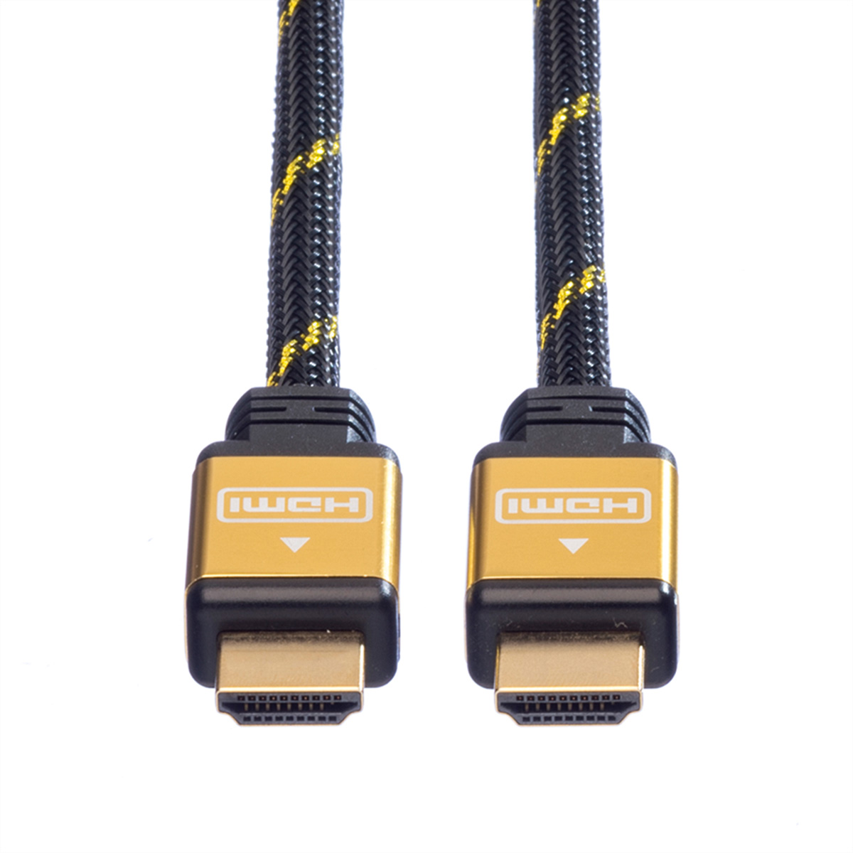 Twee zwarte HDMI-kabels met gouden connectoren. De kabels hebben een zwart en geel geweven patroon.
