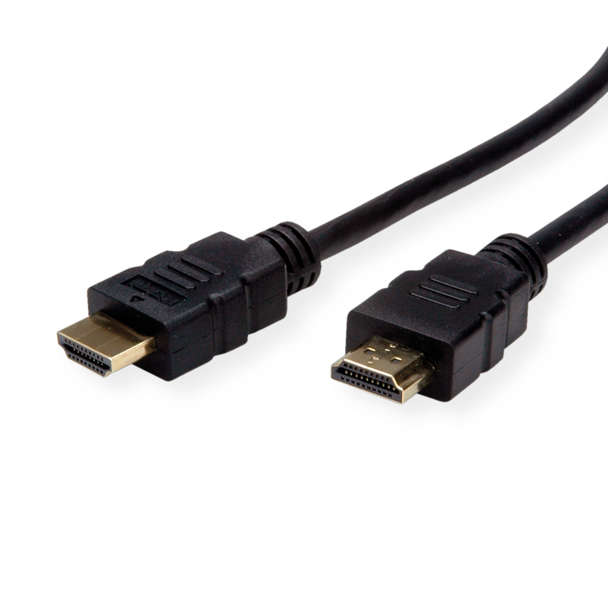 Zwarte HDMI-kabels met gouden connectoren op een wit oppervlak.