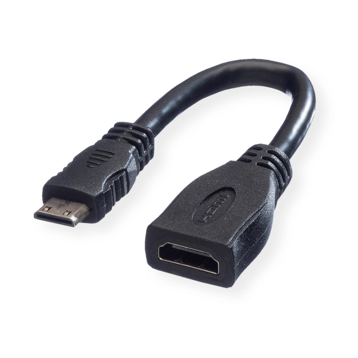 Schwarzes HDMI-zu-Micro-HDMI-Adapterkabel. Weißer Hintergrund.