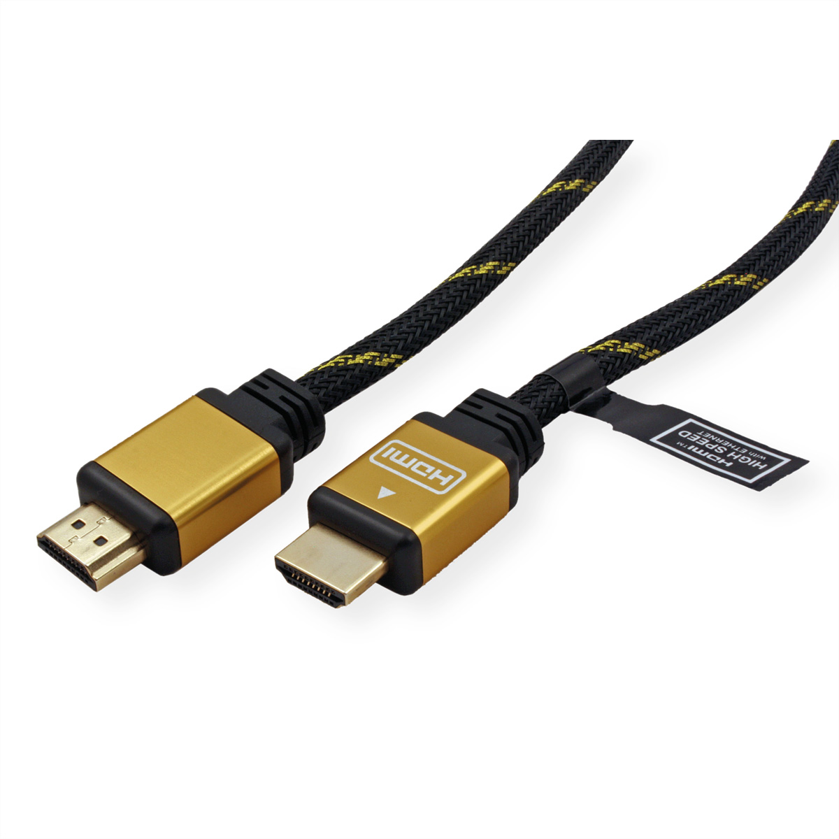 Twee HDMI-kabels met goudkleurige connectoren en zwarte kabels.